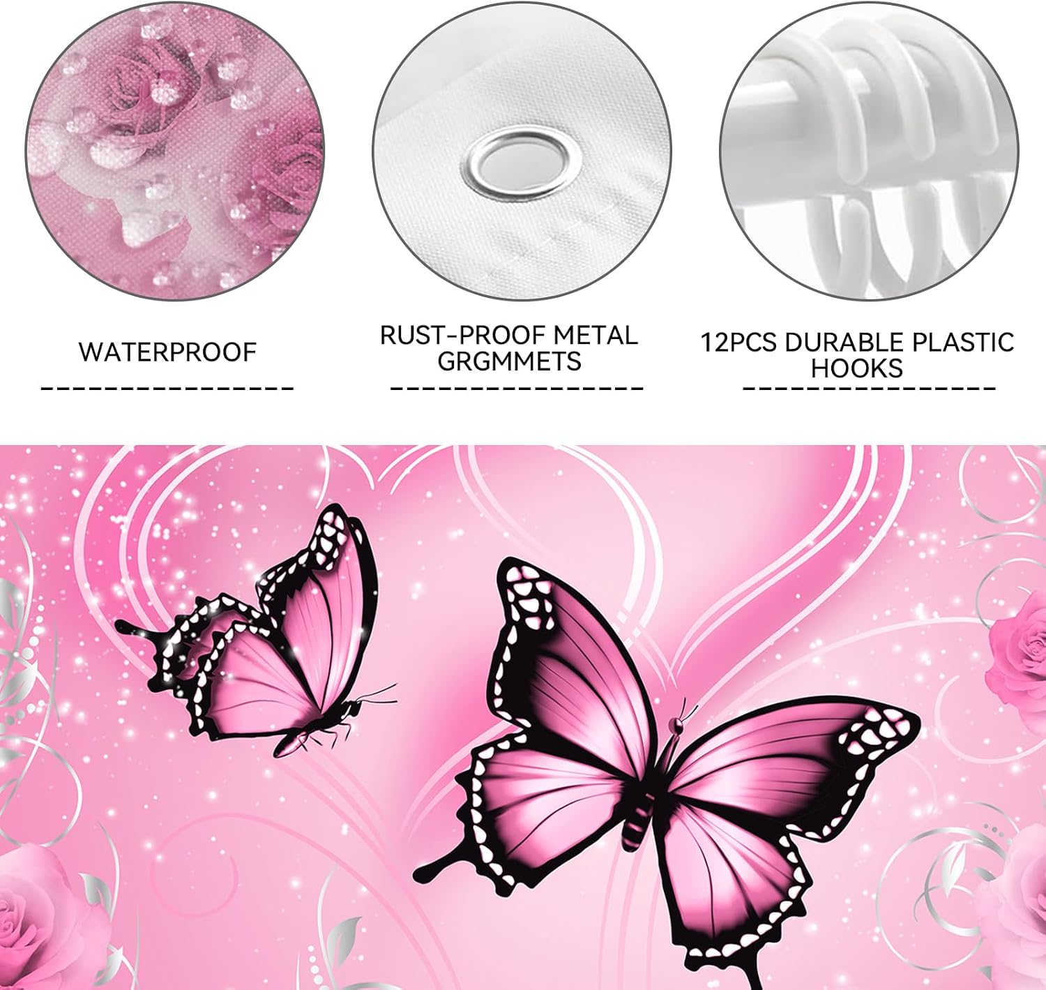 Floral Butterfly Shower Curtain Set 4PCS Bathroom Decor with Rugs, Pink image 5