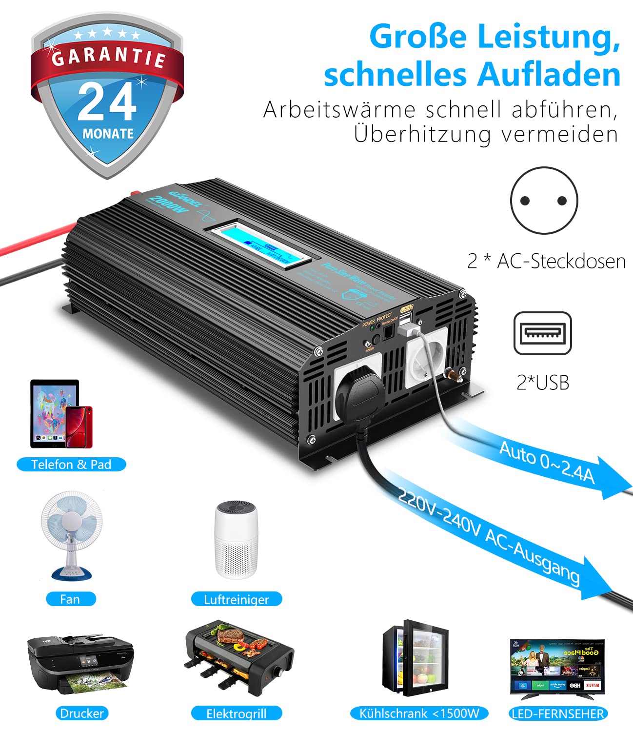 GIANDEL 2000W Inverter Onda Sinusoidale Pura 12V a 230V Anello Magnetico | Convertitore con schermo LCD e compatibilità LiFePO4 per elettrodomestici, casa, camper, camion e solare off-grid