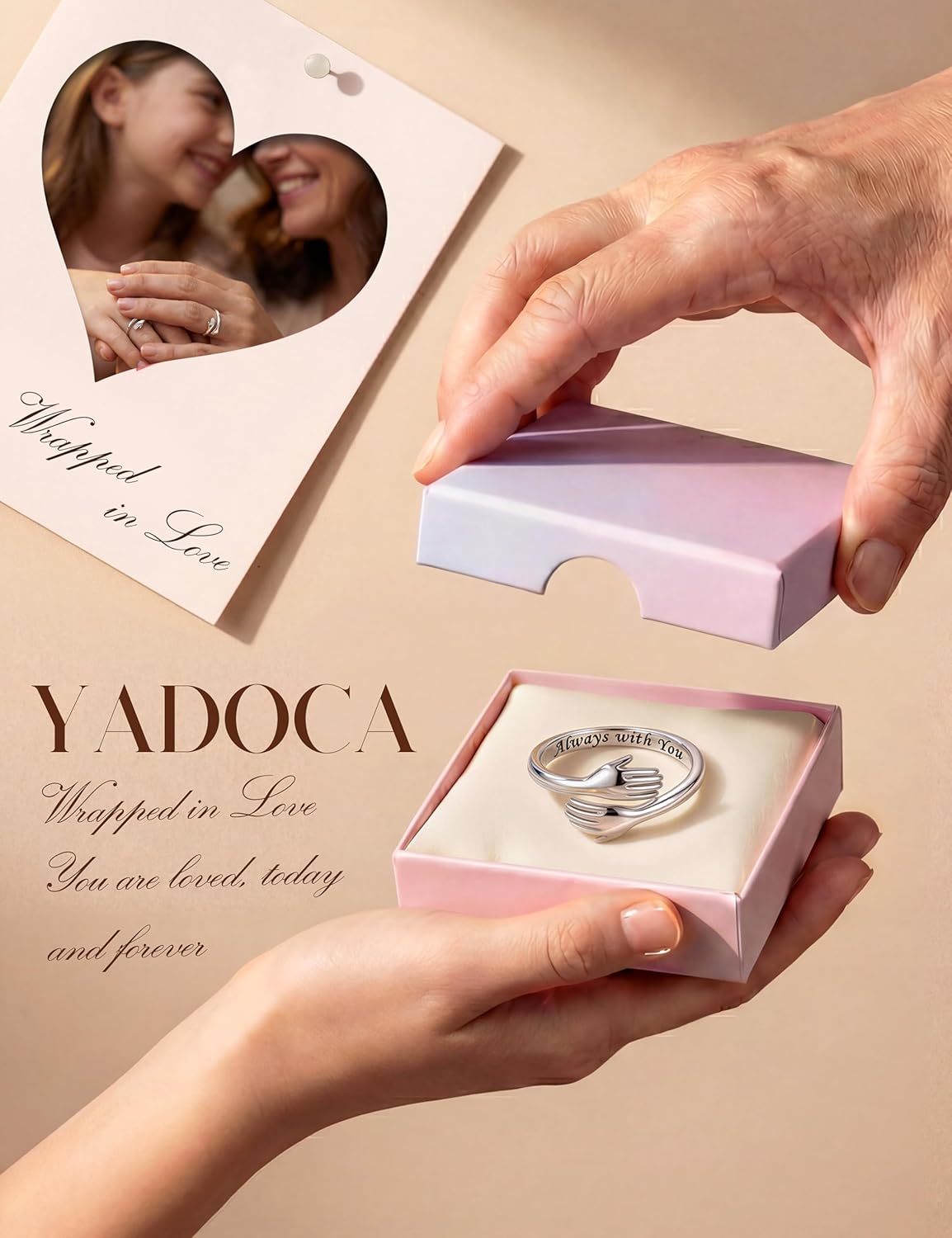 YADOCA 925 Sterling Silver Hug Rings for Women Teen Girls Adjustable Ring Hope Love Heaven Promise Friendship Rings Mothers Day Birthday Gifts for Daughter Granddaughter Mom Wife Sister Best Friend