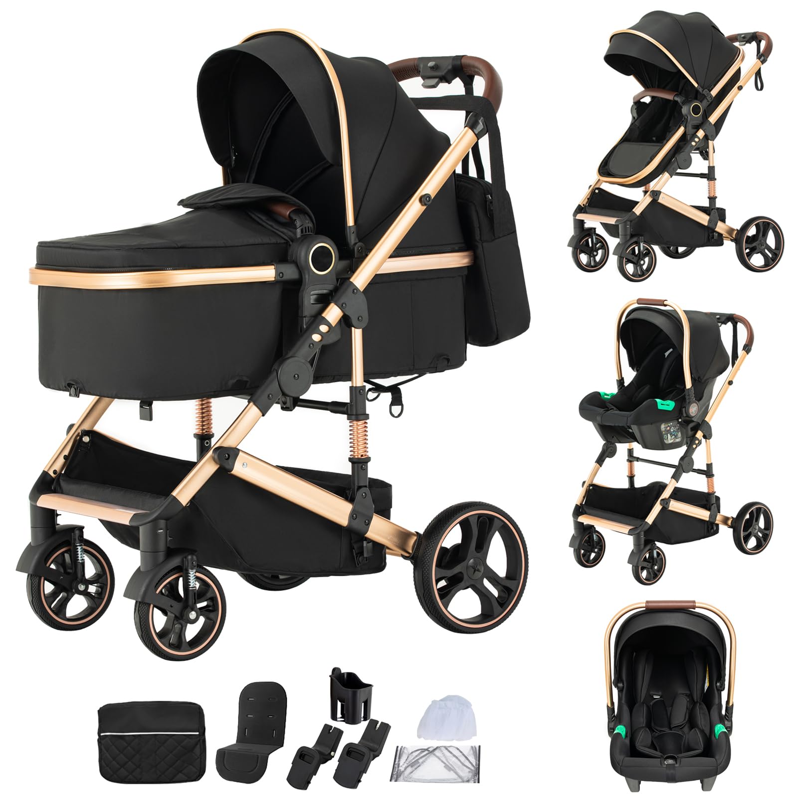 Kinderwagen 3 in 1,Faltbarer Puppenwagen Set,Reisesysteme kinderwagen Kinderkarre komplettset Neugeborener One-touch Folding + Car Seat Rahmen Aluminiumlegierung (H9/BLACK, H9)