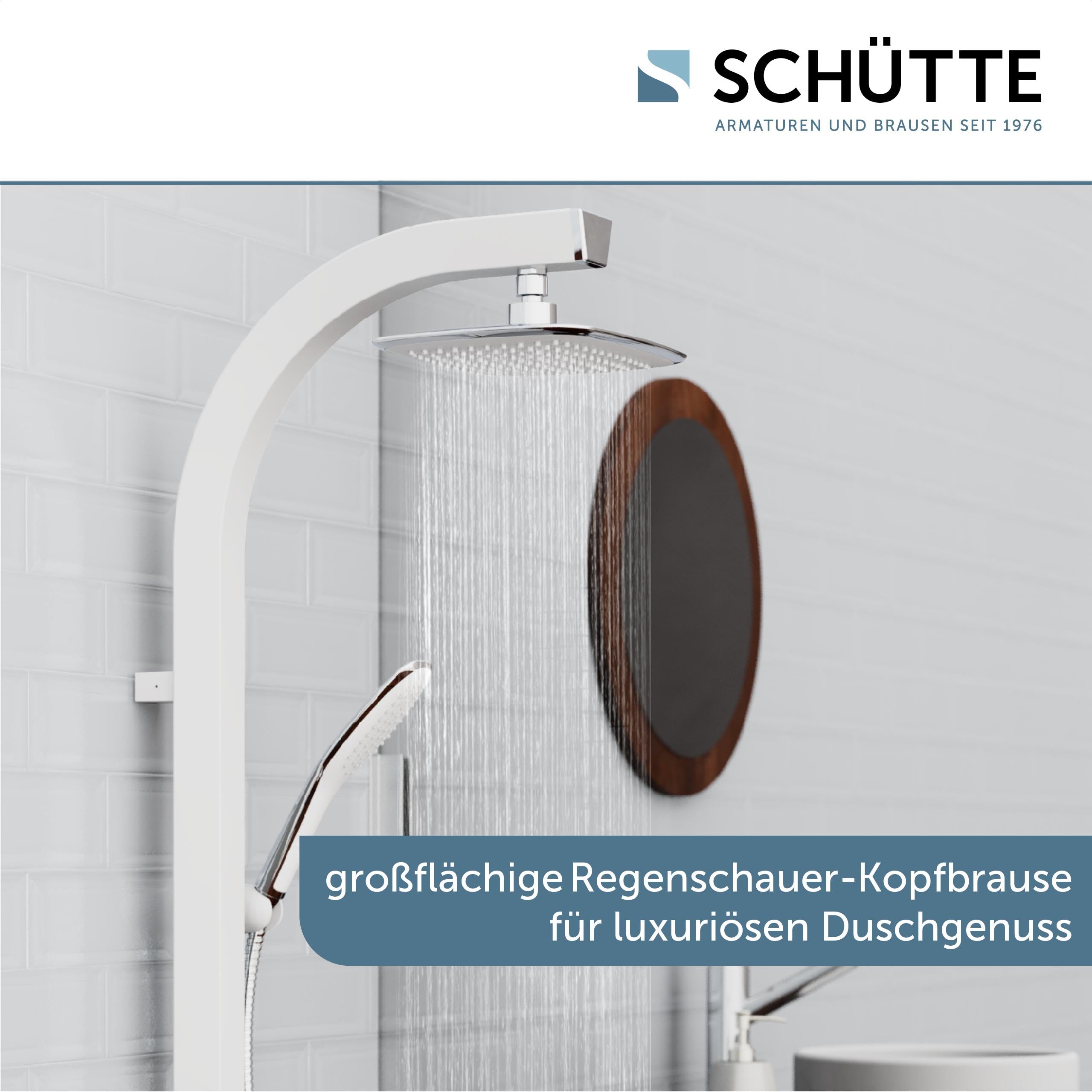 SCHÜTTE MADAGASKAR Regendusche mit Handbrause, Duschsystem in weiß mit praktischer Ablage und Wandhalterung, Duschset für Duscharmaturen, 120 cm