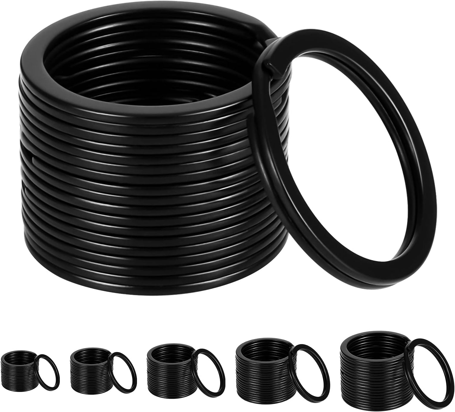 50-Pack Black Key Rings Keychain, Metal Round Split Rings Key Chain Ring Key Ring Hoop for Home Car Keys Attachment, 5 Sizes (Black)