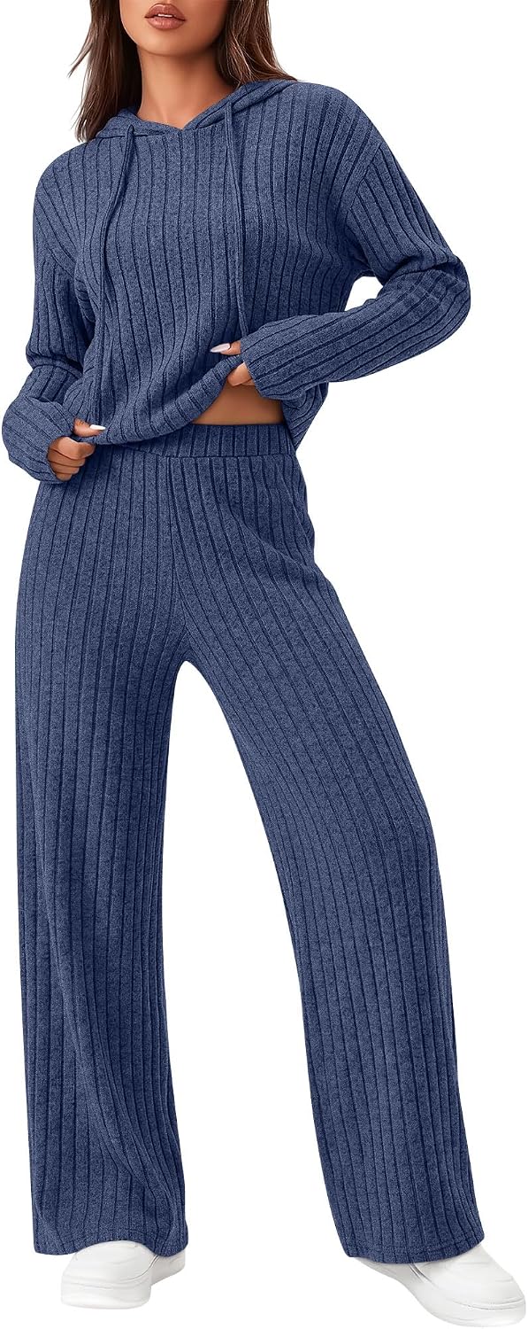 Huukeay Women's 2 Piece Lounge Set Fall Matching Outfits Ribbed Knit Sweater Hoodie Pants Loose Casual Airport Track Clothes