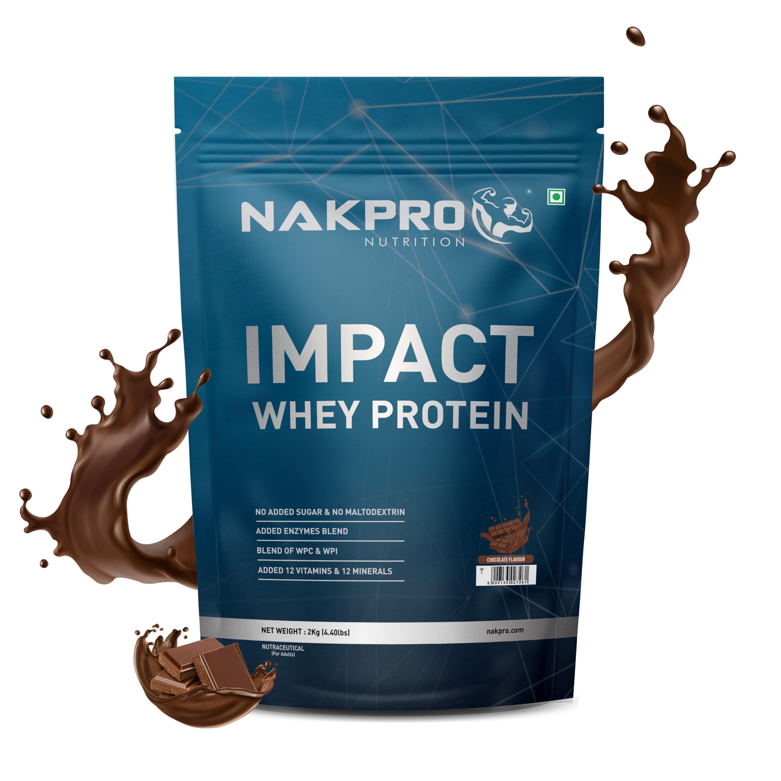 NAKPROImpact Whey Protein 2kg | Isolate & Concentrate | 24g Protein & 4.9g BCAA | With Digestive Enzymes for better Absorption | NABL Lab Tested 100% Authentic Supplement Powder - Chocolate Flavour