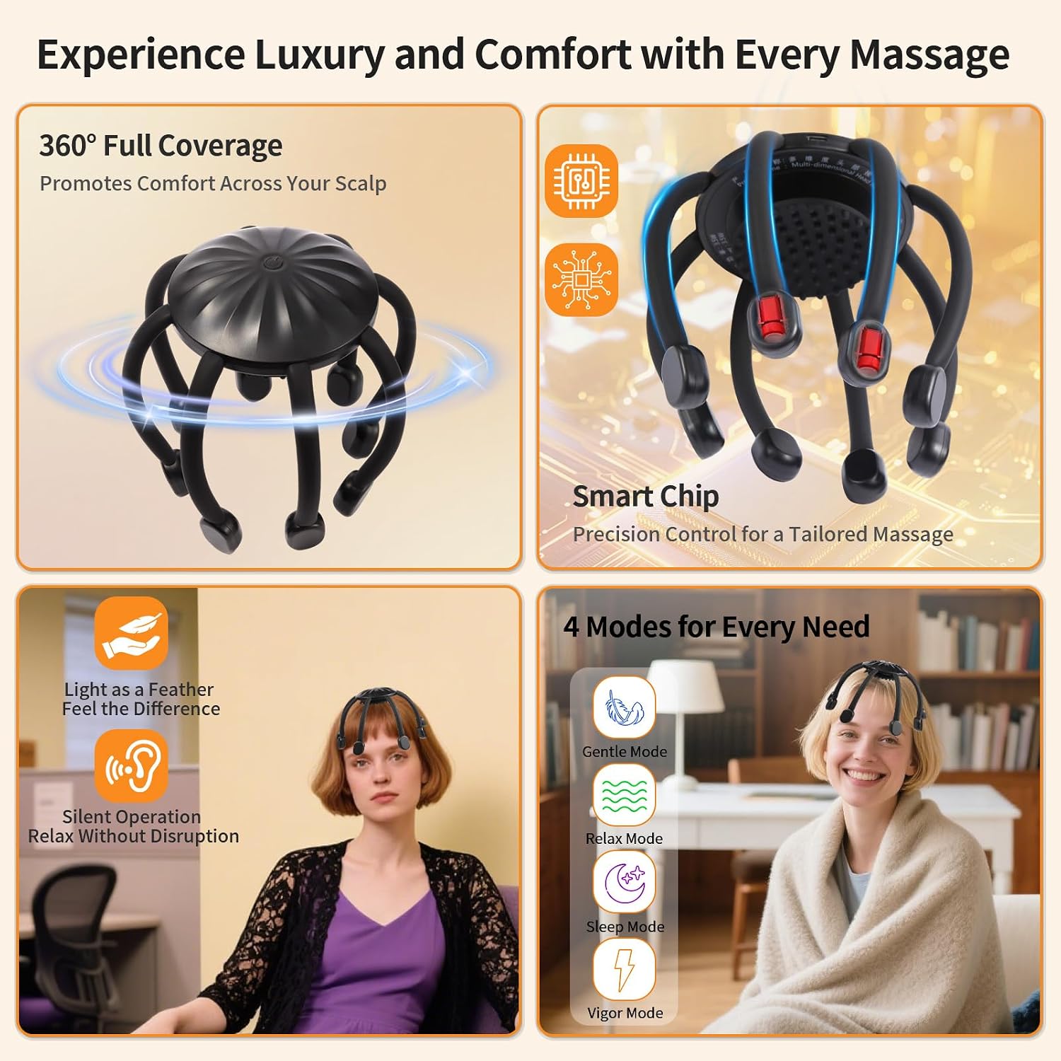 Hands-Free Scalp Massager, Electric Octopus Head Massager, Wearable Multi-Point Vibration Scalp Massager, Quiet & Lightweight for Work, Gaming & Relaxation, Gifts for Men Women