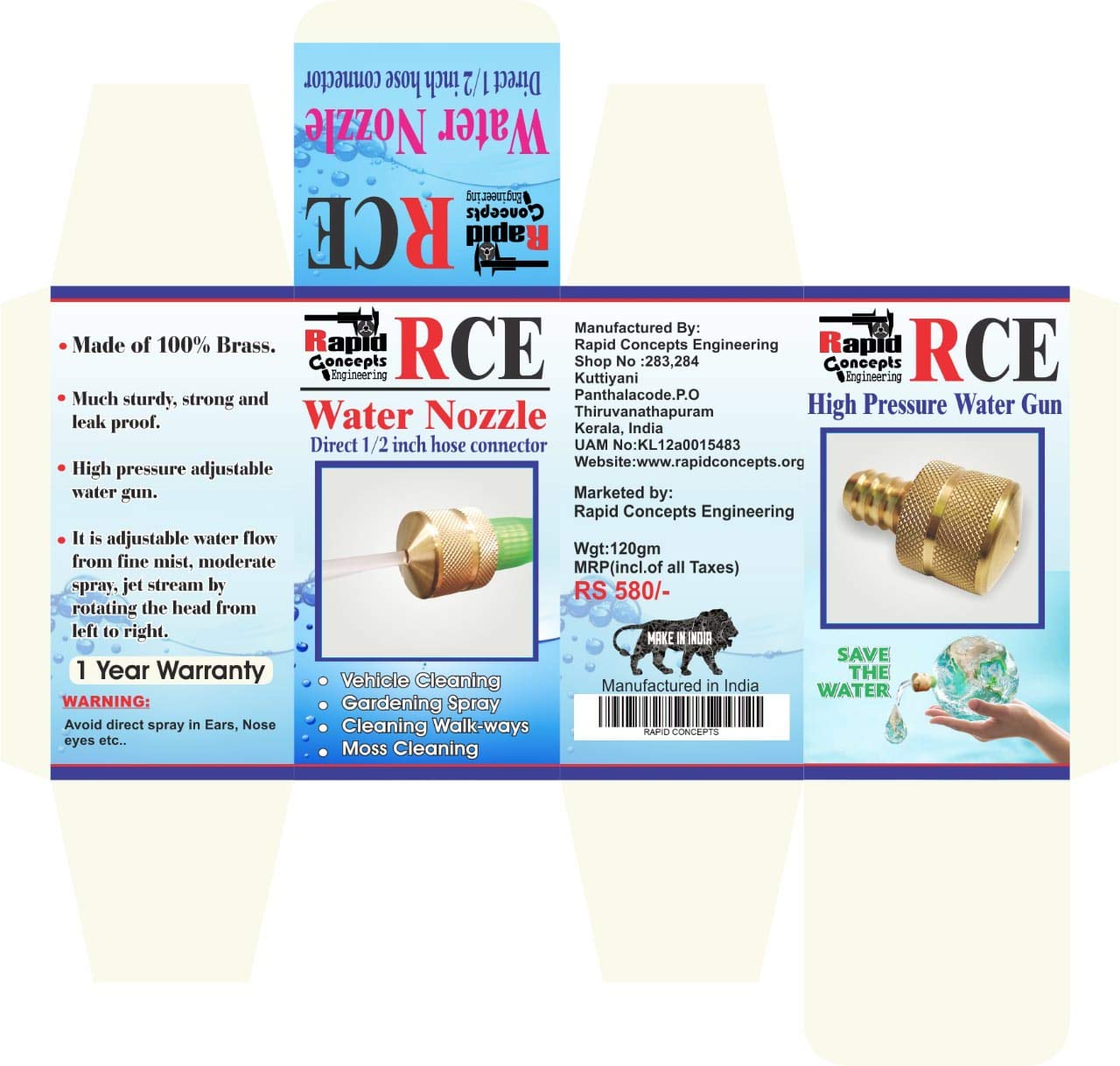 Rapid Concepts RCE Water Nozzle,1/2 Inch Hose Connector.(Size 50x30x30)