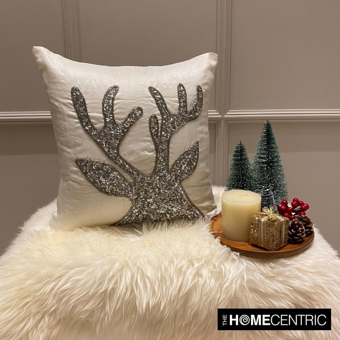 Almohadas navideñas navideñas Decorativo Blanco y Plata Fundas de colchón, 60 x 60 cm Seda Cojin Navidad decorativa Funda de almohada, Cabeza de reno Moderno Fundas de colchón - Sequined Antlers