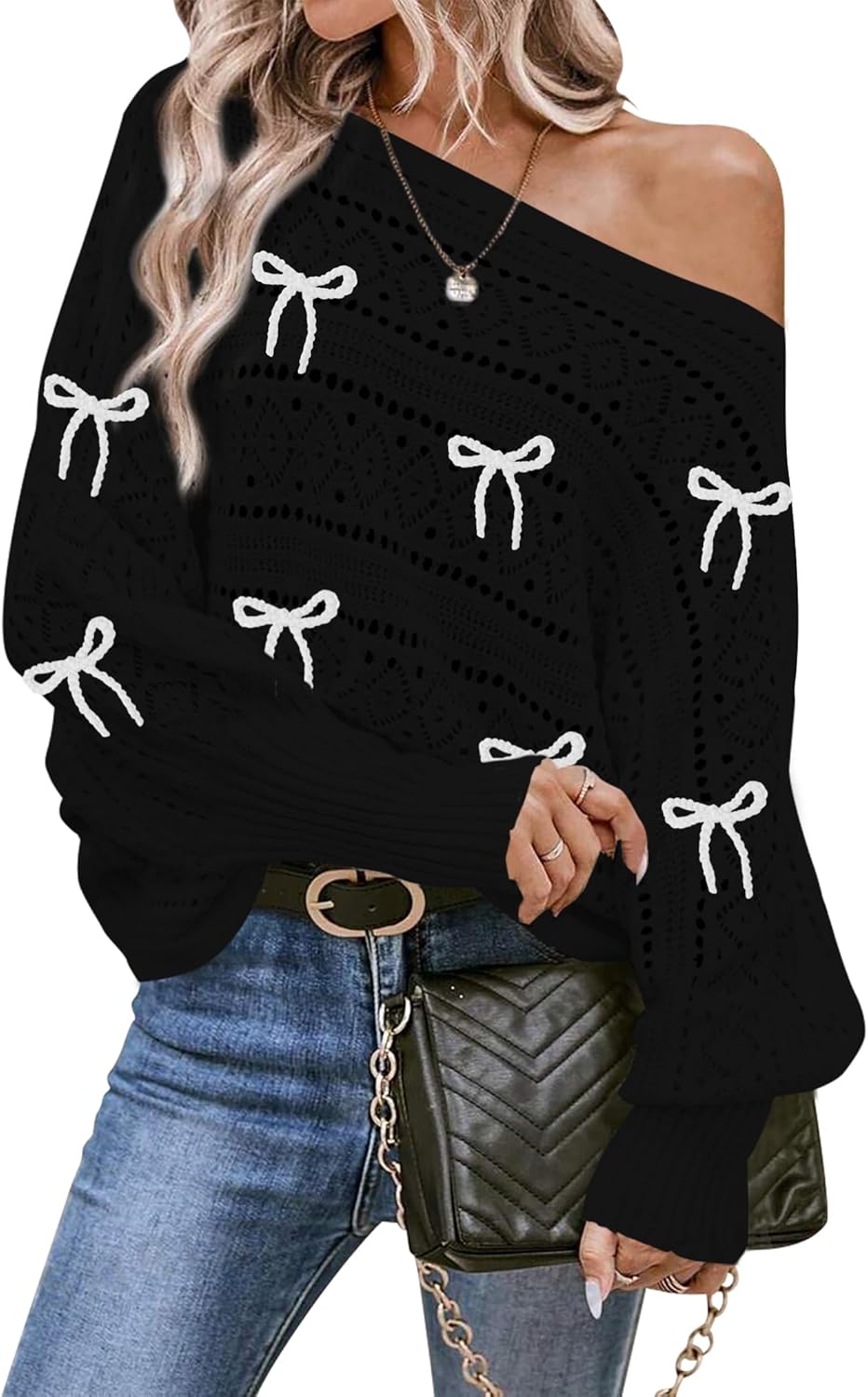 Cakulo Womens Off Shoulder Sweater Top Fall Outfits Fashion 2025 Oversized Knit Batwing Long Sleeve Crochet Pullover Sweaters
