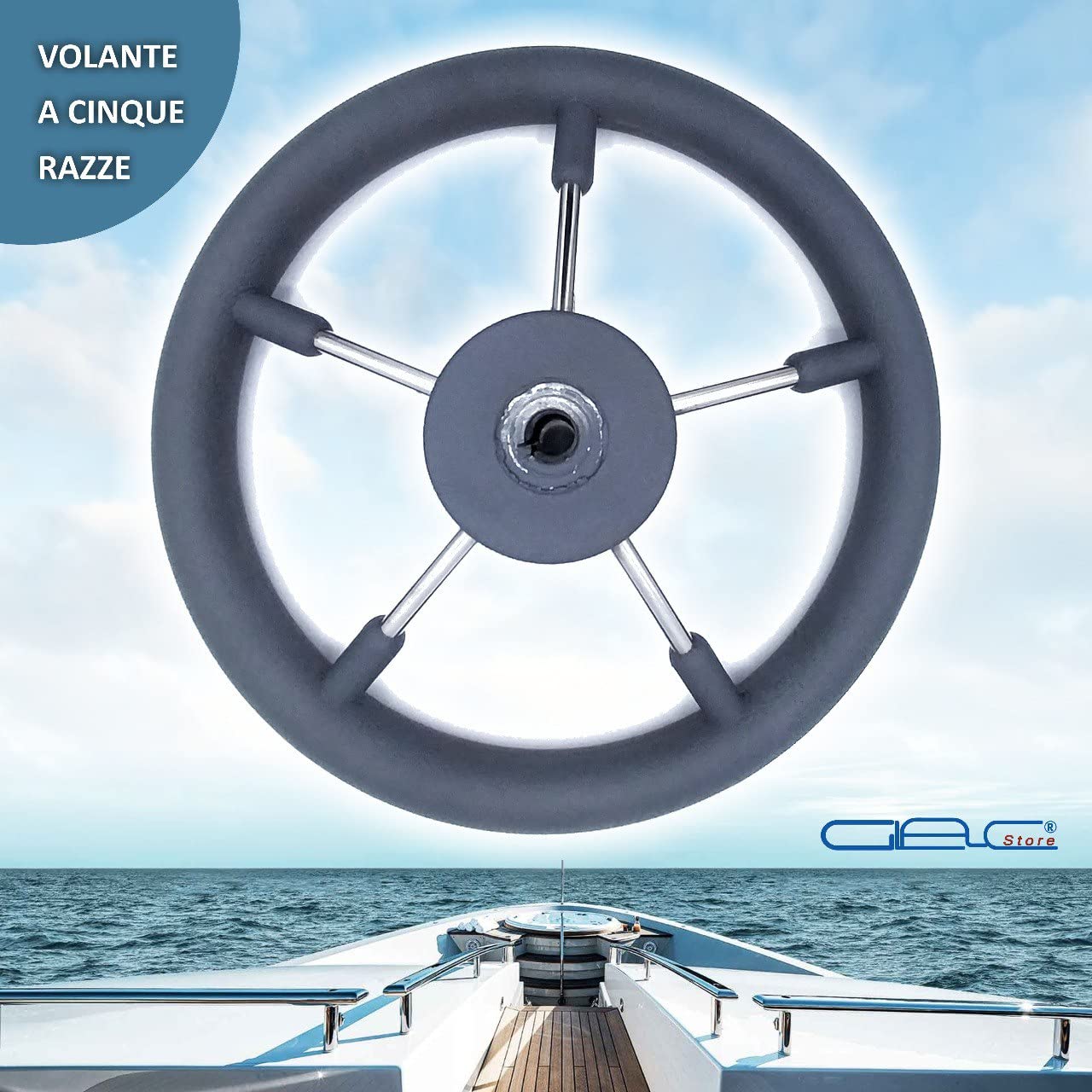 Glac Store® Volante Timone Nautico Bianco Grigio Nero per Barca a 5 razze in Acciaio Inox Impugnatura in Poliuretano Diametro Ø 32,5 35 40 cm (Diametro 32,5cm GRIGIO)