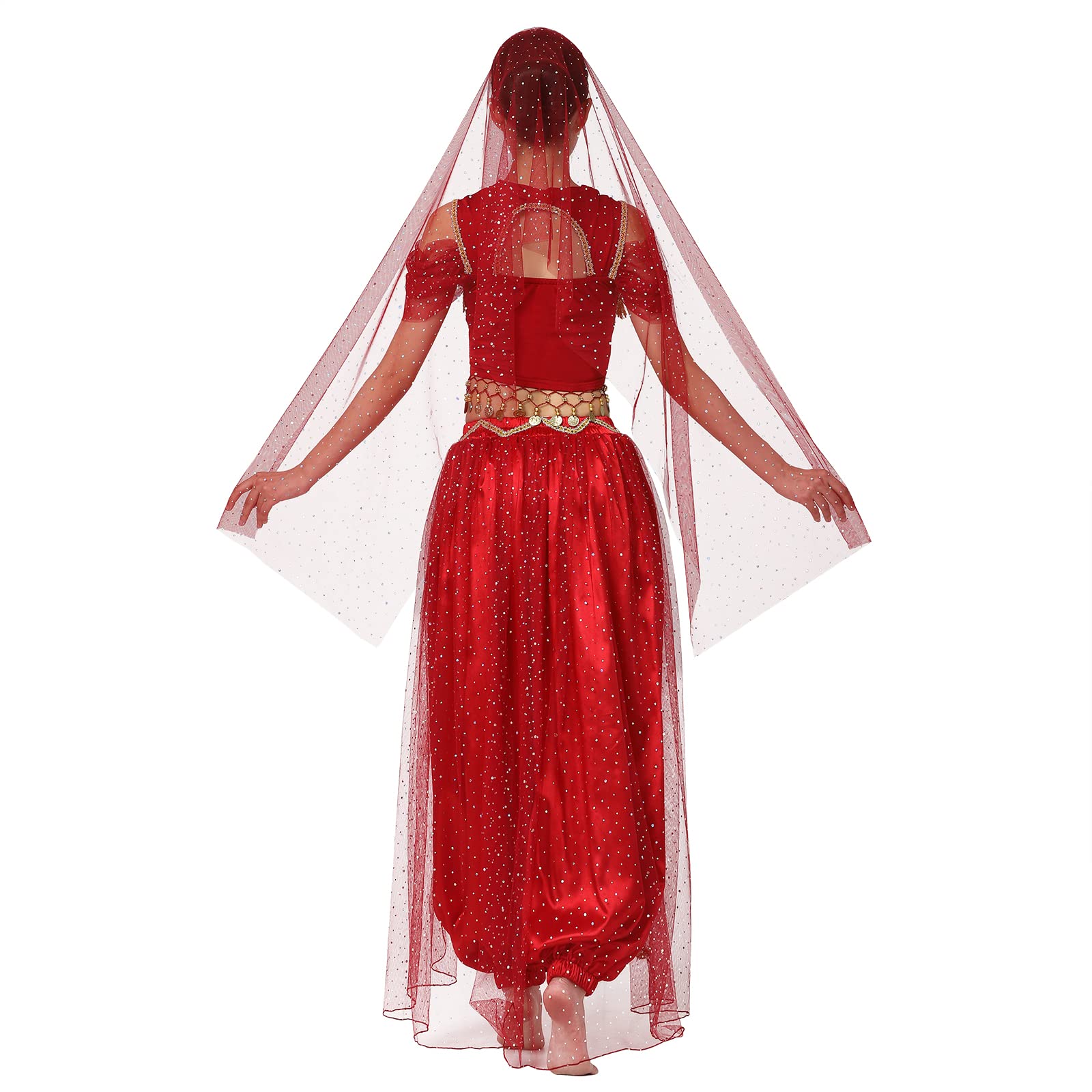 AFAVOM Women Belly Dance Costumes India Belly Dancer Outfit Crop Top with Pants Dress up Princess Halloween Performance Latin Dancing Coins Bra Top Pants and Headpiece with Scarf 3PCS Set Dark Red XL