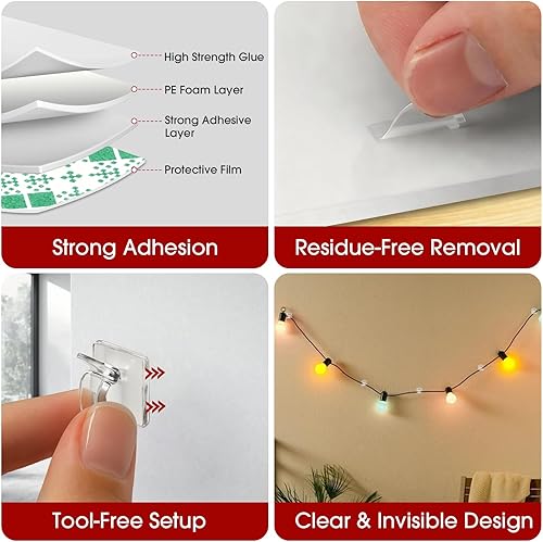 Miniatura 5 de 120PCS Heavy-Duty Adhesive Cable Clips, Clear Traceless Cord Organizer & Wire Holders for Wall, Desk, Car, LED Strips and Outdoor Lights (Small)