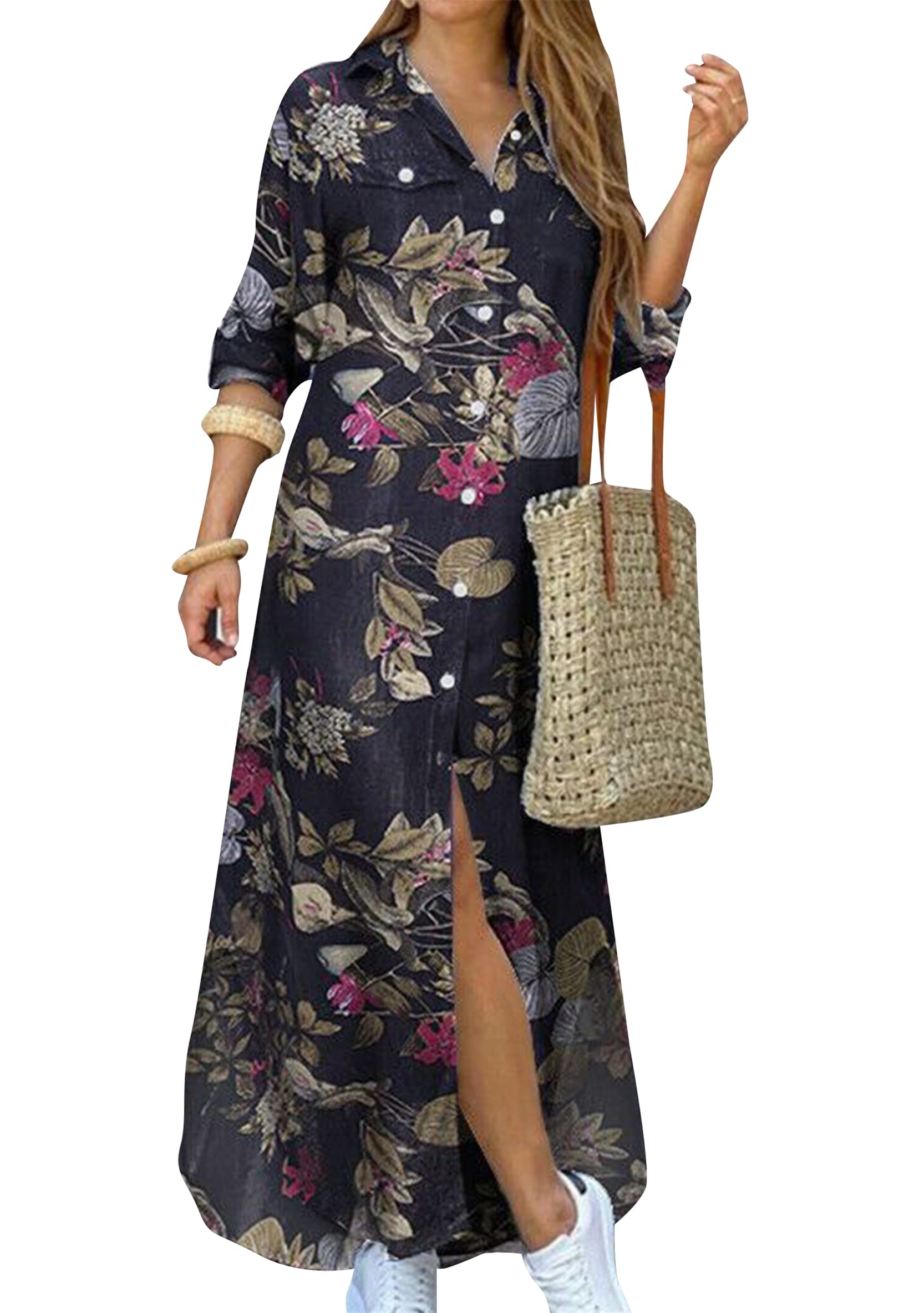 WIWIQS Women's Casual Loose Maxi Shirt Dress Lapel Rolled up Sleeve Button Down Dress Floral Print Open Front Long Dresses
