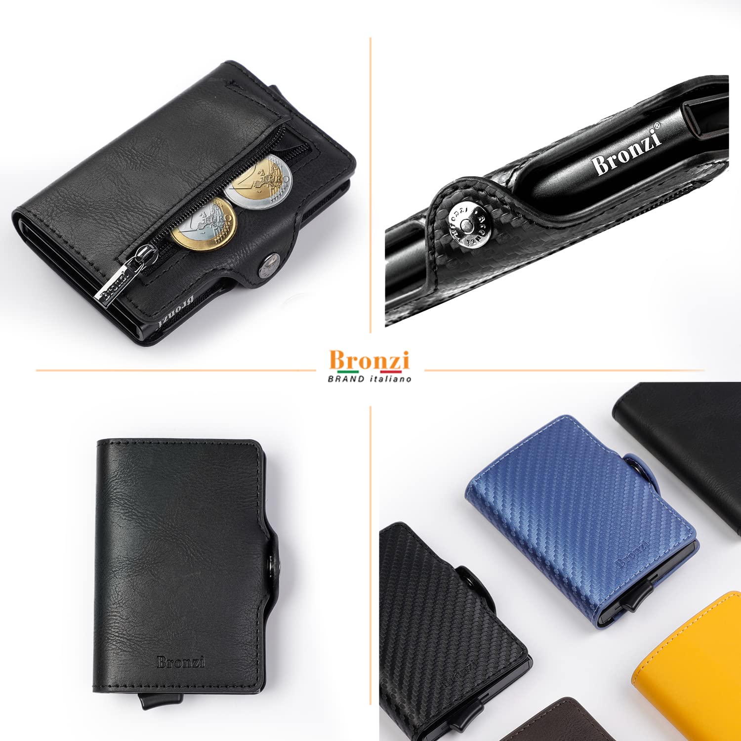Bronzi® Portafoglio Uomo Slim Piccolo | Portacarte Uomo Donna Portatessere Porta Carte Di Credito | Portafogli Mini Protezione RFID con Portamonete | Box Regalo - Brand Italiano