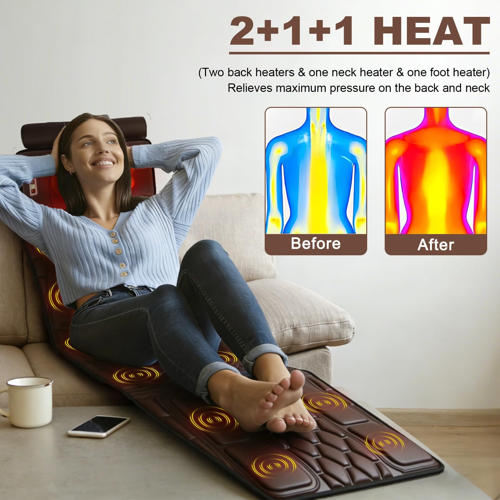 Ganzkörper-Massagematte mit Wärme und beweglichem Shiatsu-Nacken- und Rückenmassagegerät, Massage-Matratzenauflage mit Kopfkissen und Lendenwirbelstütze, 12 Vibrationsmotoren, 9 Massagemodi und 2