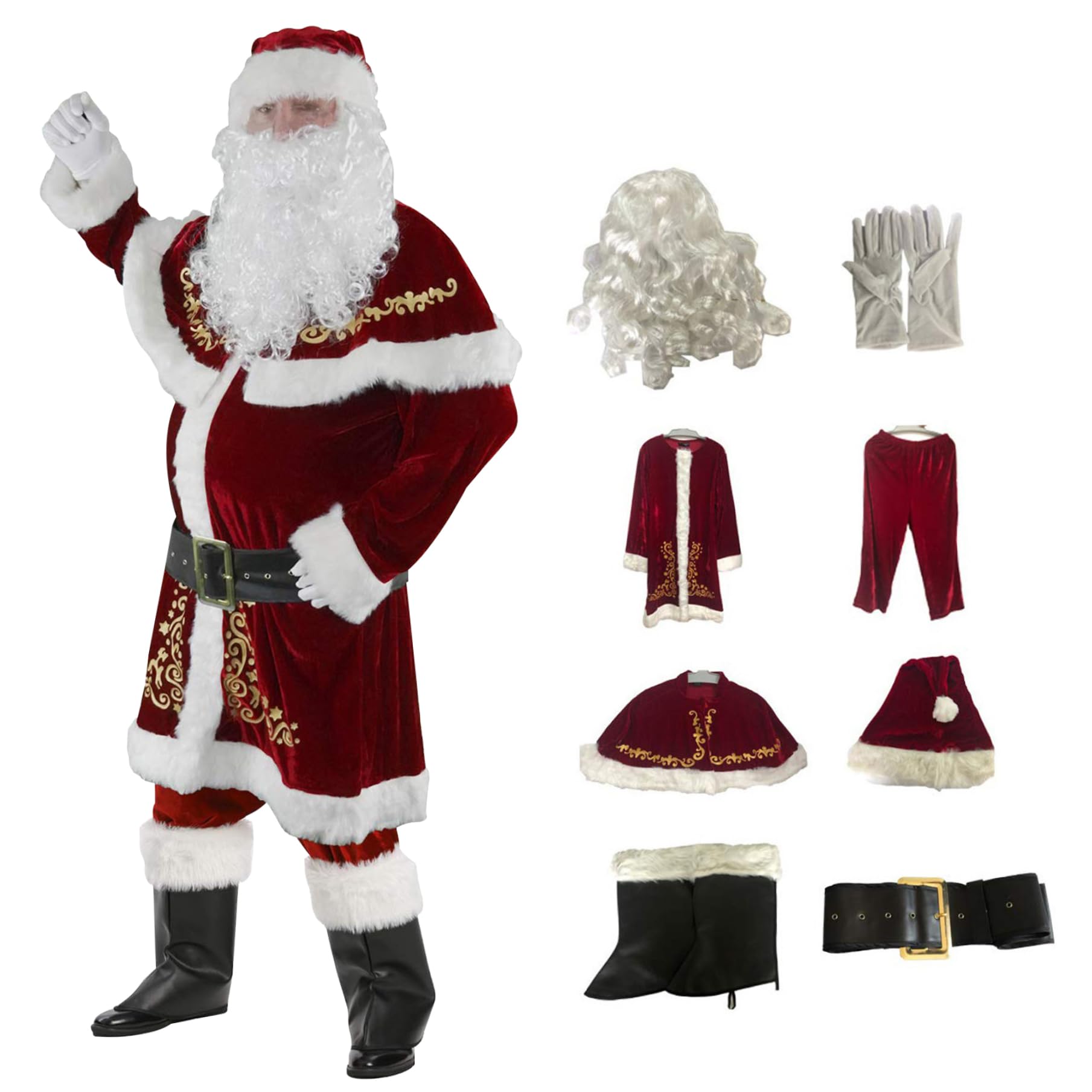 Obelunrp 8PCS Velvet Santa Suit Men 3XL, Christmas Santa Claus Costume for Holiday Party Cosplay