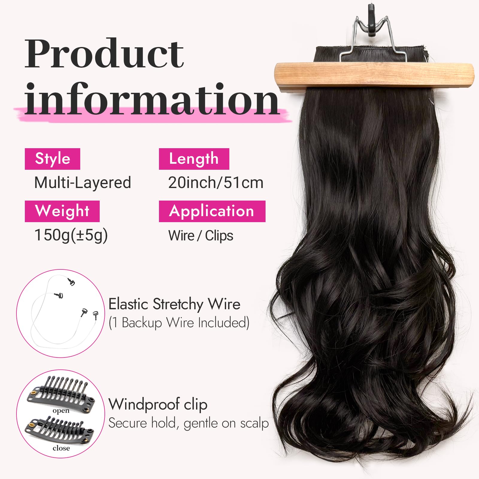 Invisible Wire Hair Extensions with Secure Clips Long Wavy Layered Synthetic AISI HAIR 20 Inch Invisible Wire Hair Extensions with  main image 4