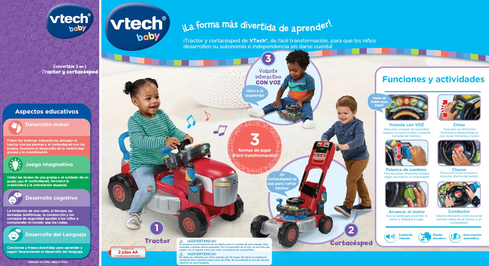 VTech 3-in-1 Mow and Grow Tractor, Ride-On Tractor, Push-Along Mower