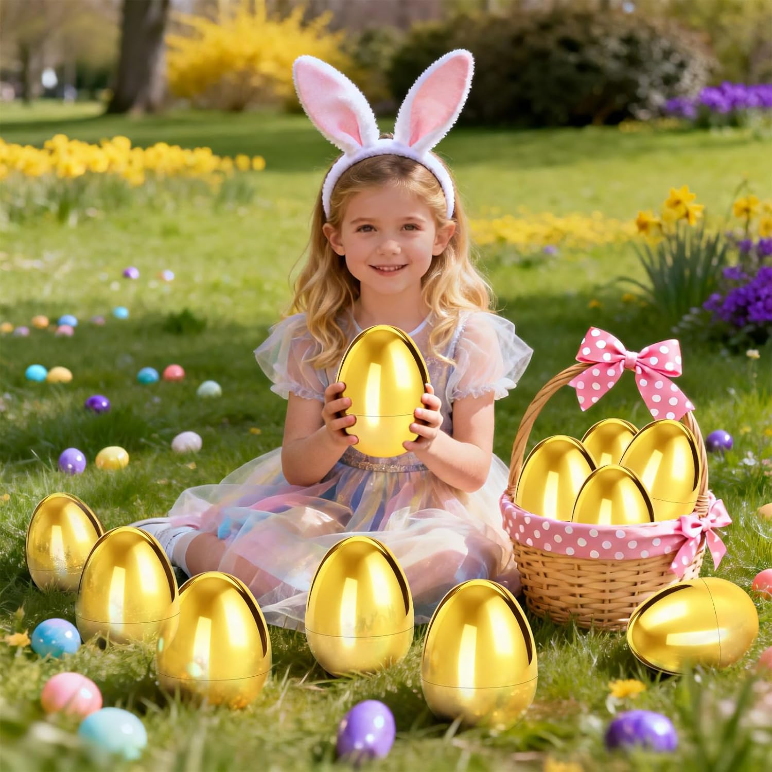 6 Pcs Jumbo Easter Eggs Fillable Metallic Large 6 Inch Gold Plastic Surprise Eggs, Easter Themed Hunt Rewards Basket Stuffers Fillers Filling Treats Party Favor Classroom Prize Supplies