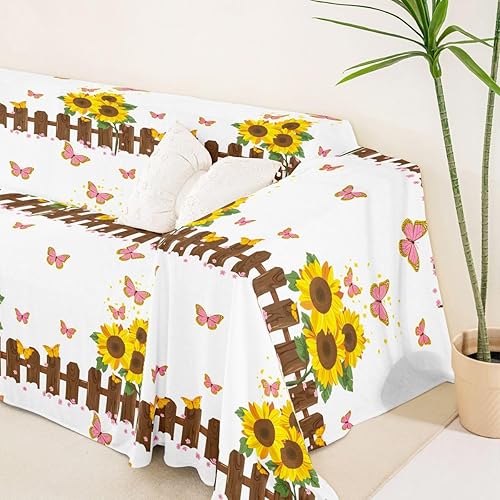 Vista 5 de Erosebridal Funda de sofá con diseño de mariposas de 71 x 102 pulgadas, antideslizante, diseño de girasol, valla de madera, bonito diseño floral
