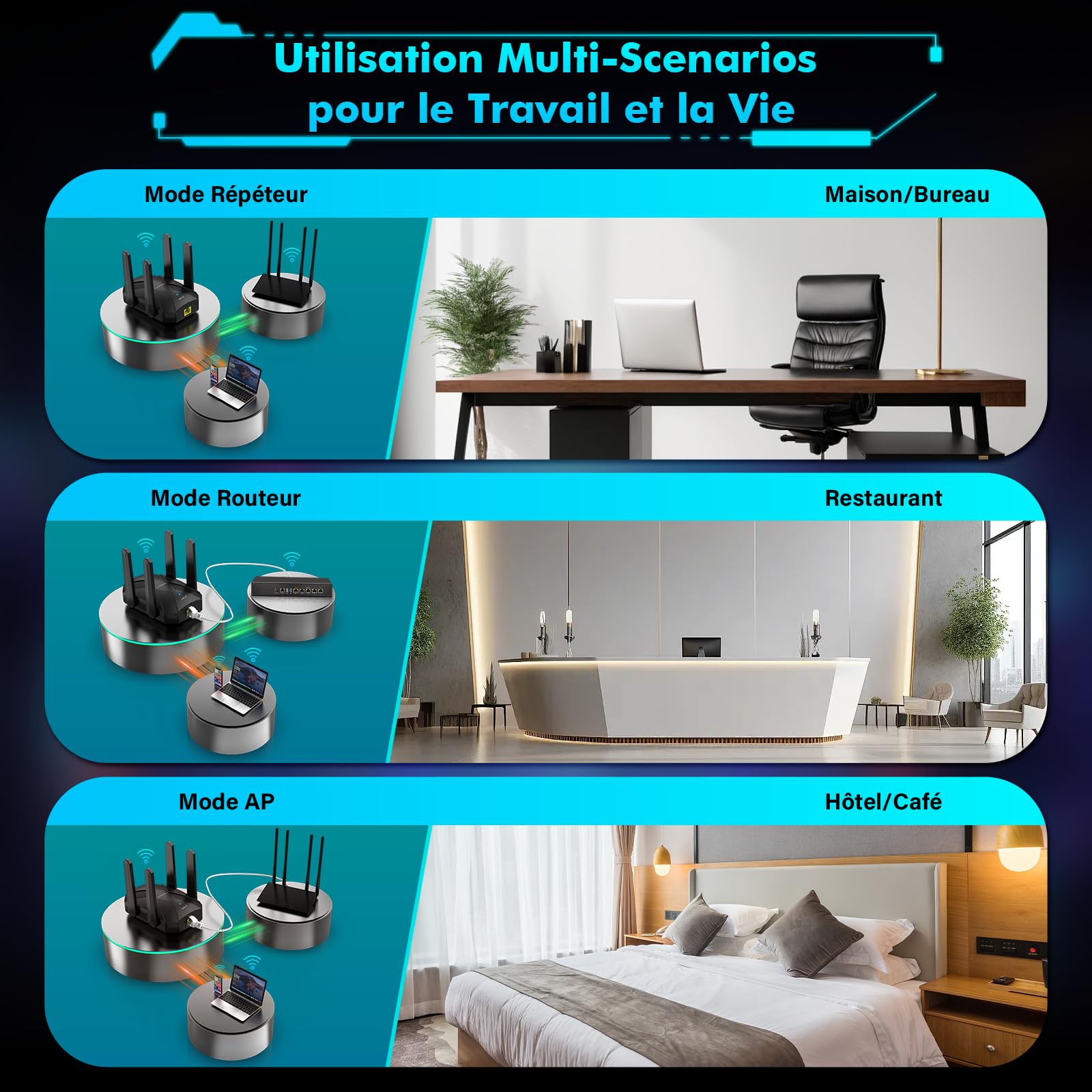 Répéteur WiFi 6 Puissant AX1500 Mbps, Amplificateur WiFi | Double Bande Repetiteur WiFi Puissant avec WPS, Port LAN, 4 Antenne, Soutenir 3 Mode, Compatible avec Toutes Les Box Internet