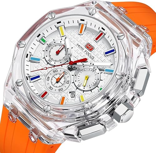 Miniatura 2 de MASTOP Relojes para hombre, pantalla analógica transparente, transparente, correa de silicona naranja, calendario, cronógrafo, cuarzo luminoso,