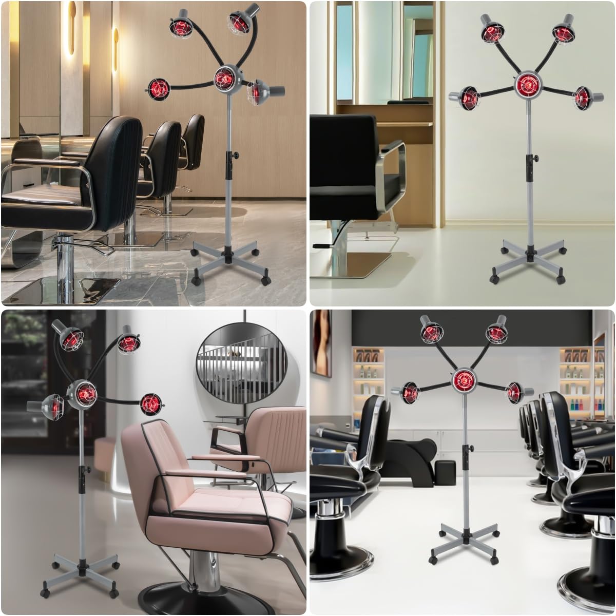 Friseur Trockenhaube, 5 Kopf Infrarot Friseur Salon Wärmelampe mit Standfuß, 750W Heizung Trockenhaube, Haartrockner 40-80°C, 112-136cm Höhenverstellbar (Silber-grau)