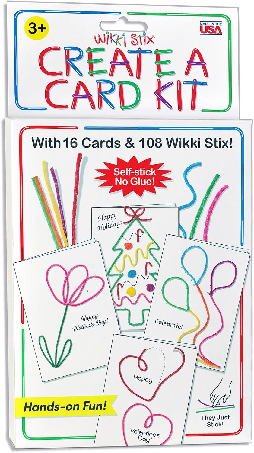 WikkiStix Create a Card Kit for Kids – 16 Greeting Cards & 108 Wikki Stix – Mess-Free Craft, DIY Cards for Birthday, Christmas, Valentine’s, Mother’s Day – Travel Toy, Classroom Activity