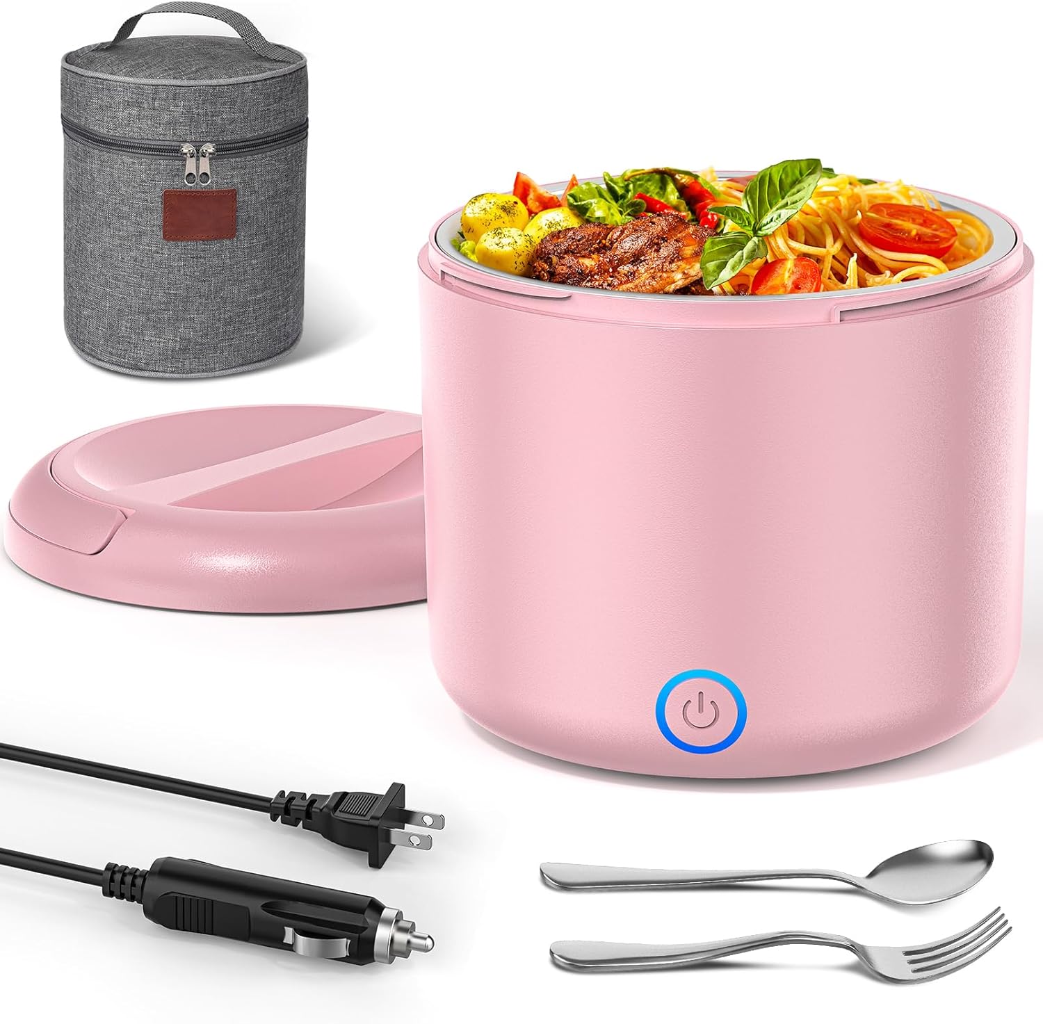 Akhia Electric Lunch Box for Adults, 80W Rapid Heated Lunch Box 12V/24V/110V for Car/Truck/Office/Travel with 1.5L Stainless Steel Container Fork & Spoon & Insulated Bag