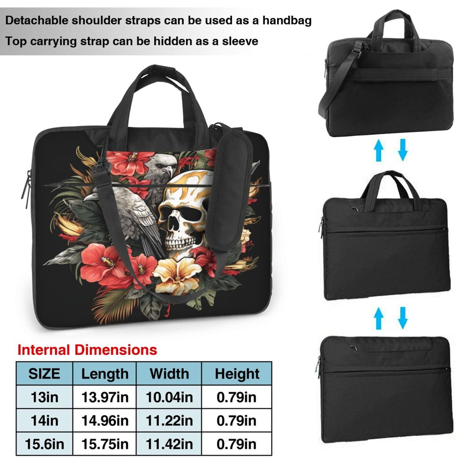 Funda para portátil de 13/14/15.6 pulgadas, diseño de calaveras humanas, flores tropicales exóticas, para mujeres y hombres, ligera, resistente al agua, para ordenador o tableta, bolso de