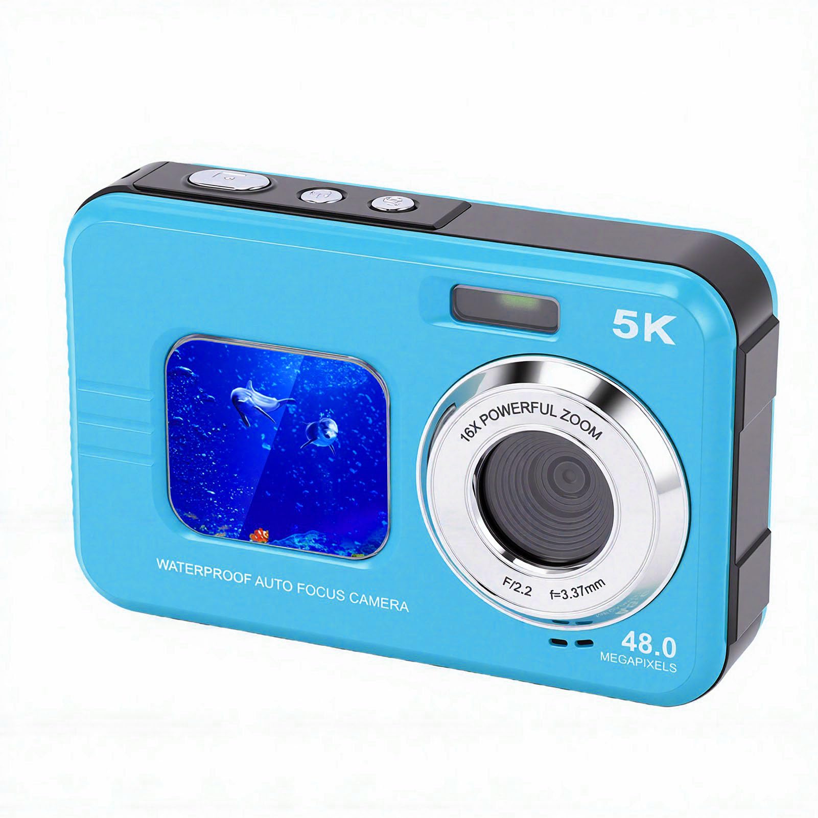 LICAEVEY Cámara Subacuática 5K, Cámara Digital Impermeable de Pantalla Dual con Enfoque Automático de 48MP con Tarjeta de 32GB, Luz de Relleno para Bucear, Nadar y Bucear (Blue)