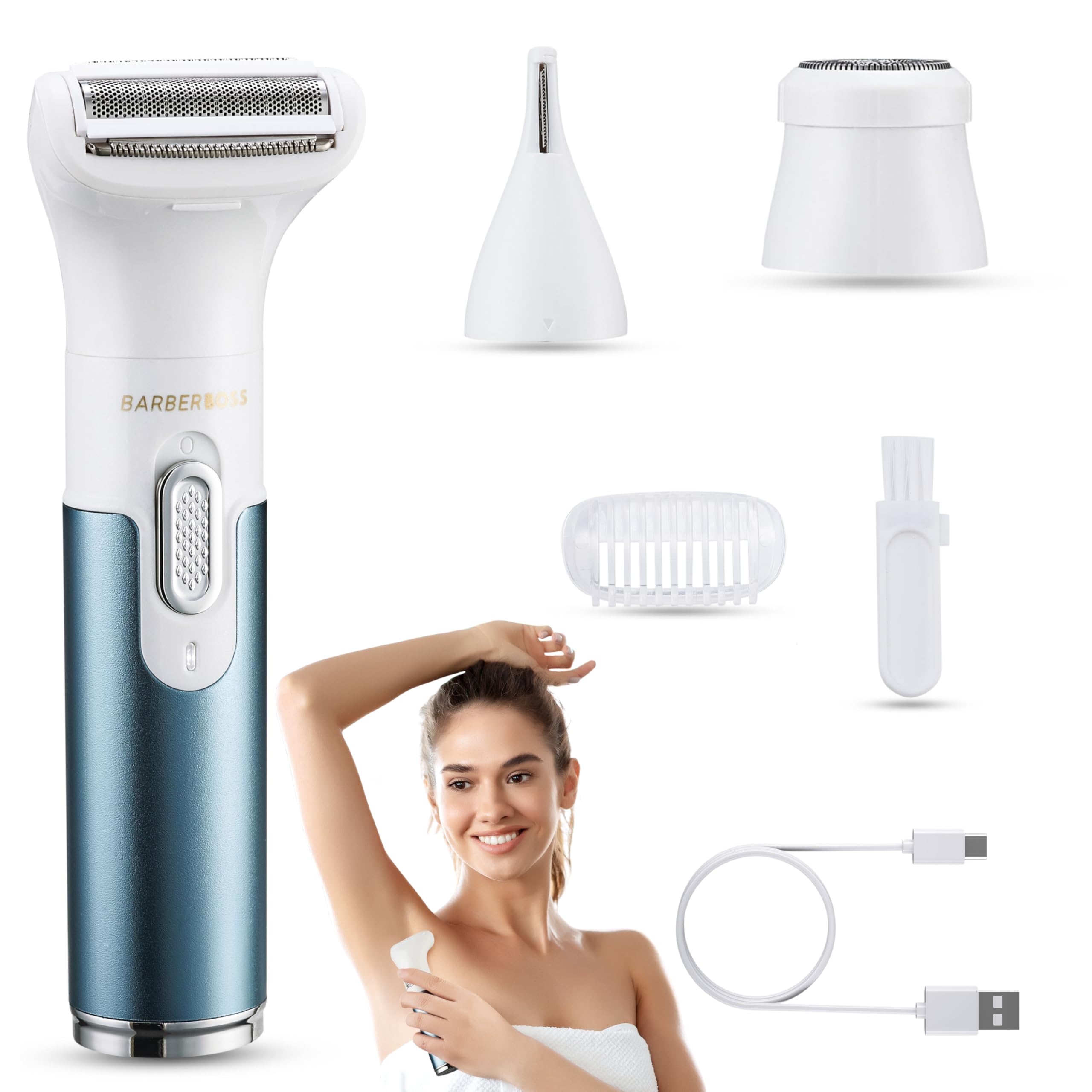BarberBoss Elektrorasierer Damen, Wiederaufladbare 3-in-1 Schnurlose Haarentfernung, Damen-Trimmer für Gesicht, Körper & Bikini, Kompakter Groomer mit 3 Präzisionsköpfen, USB-Aufladung