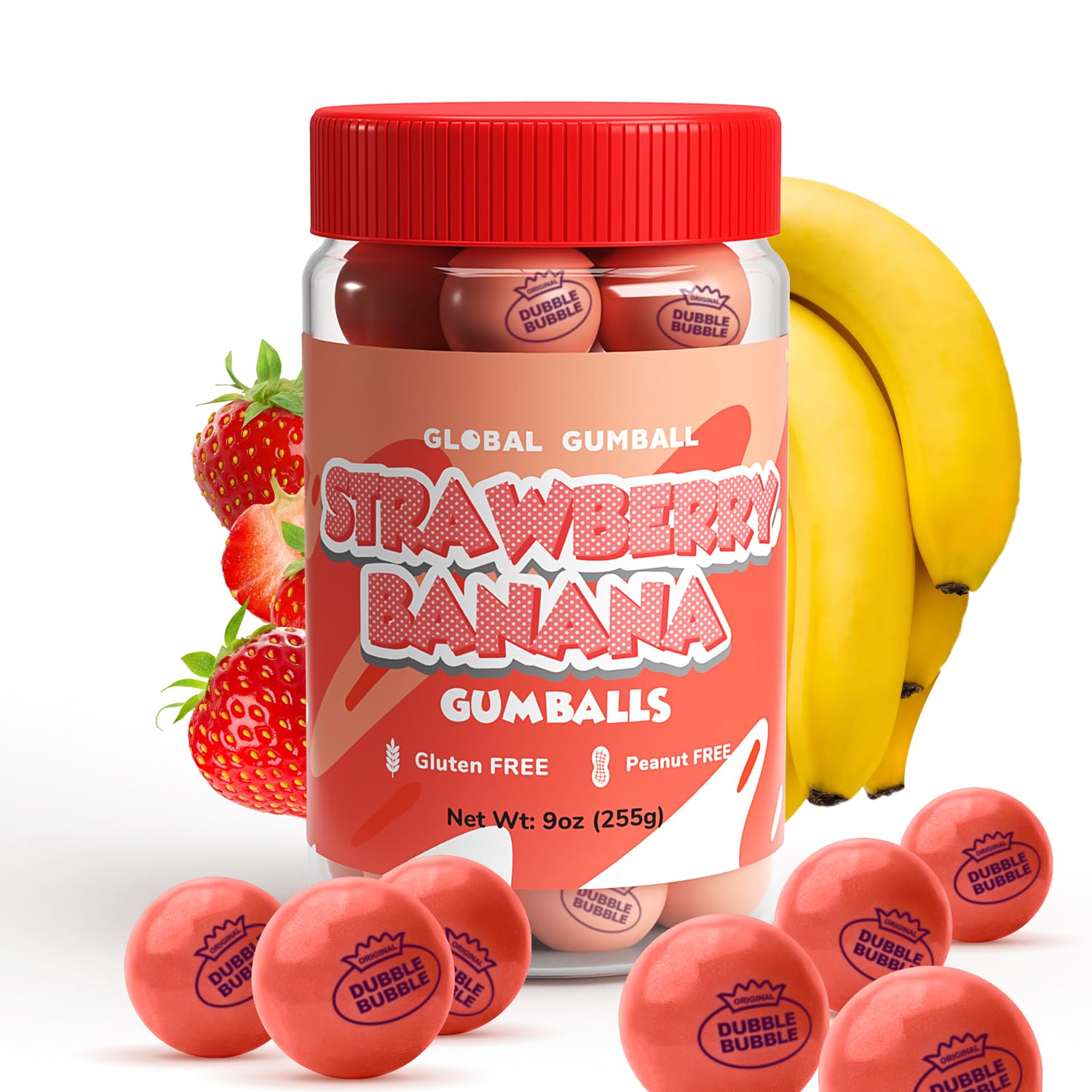 Gumballs for Kids in Jar - 1 Inch Large Gumballs - Strawberry-Banana Flavored Bubble Gum - Fun Chewing Gum for Kids 9 OZ