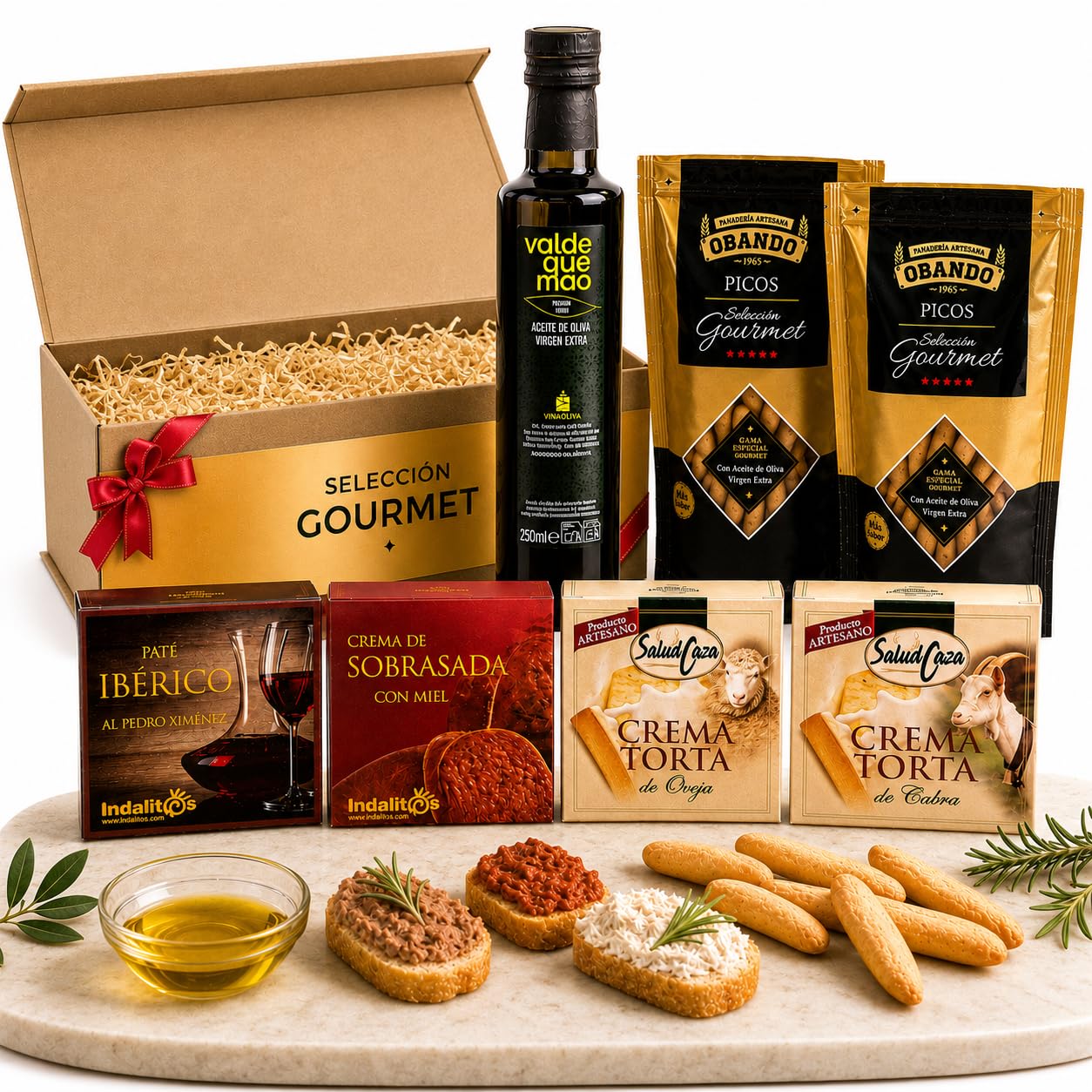 Cesta Gourmet para Regalar ACROL, Aceite oliva virgen extra 250 ml, cremas torta Oveja y Cabra, paté iberico, sobrasada con miel y picos artesanos, regalo cumpleaños mujer, regalos para hombres