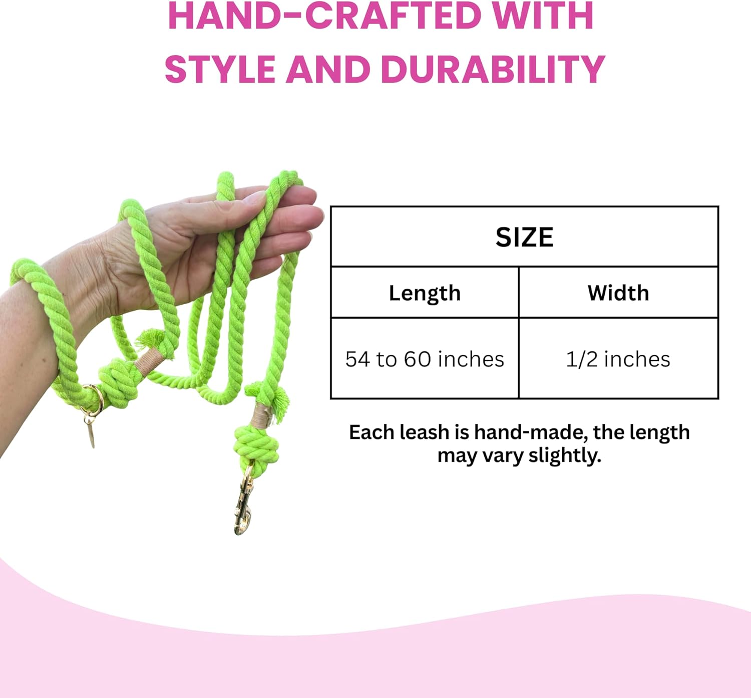 Glow Pups Dog Leash, Handmade Caribbean Cotton Rope Dog Leash with Strong 3" Clasp, Great for Small, Medium, Large Dogs, Stylish Unique Design, 5 Foot, Bright Green
