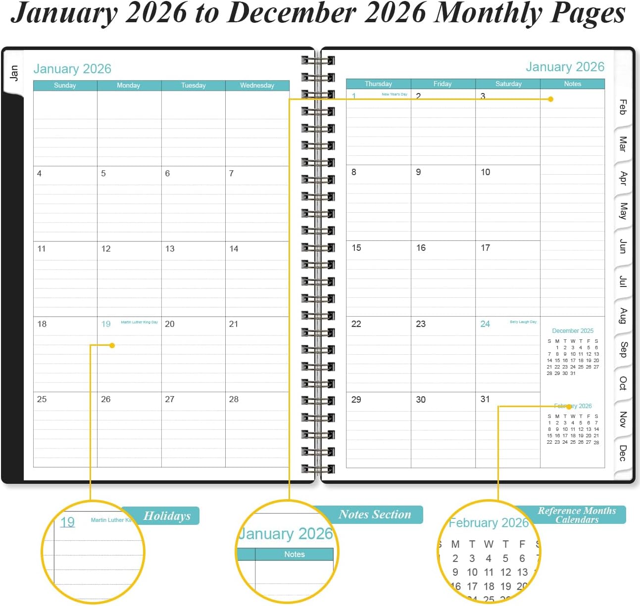 2026 Planner - Weekly and Monthly Calendar Planner from Jan 2026 - Dec 2026, Planner 2026 Spiral Bound with 12 Monthly Tabs, Inner Pocket, Perfect for School Office Supplies, 6.4" x 8.5", Black-C