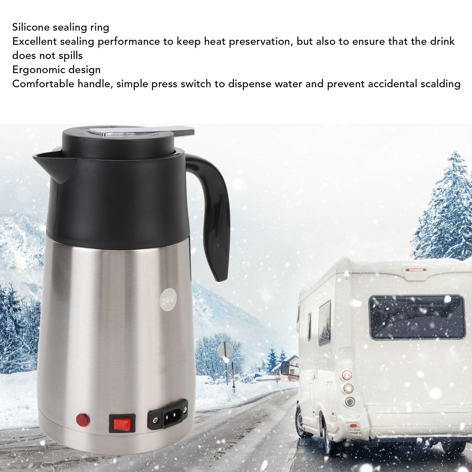 Hervidor de agua eléctrico para coche, 1.3L 200W 24V Hervidor de agua eléctrico portátil de acero inoxidable con luz indicadora Hervidor eléctrico de café y leche para remolque