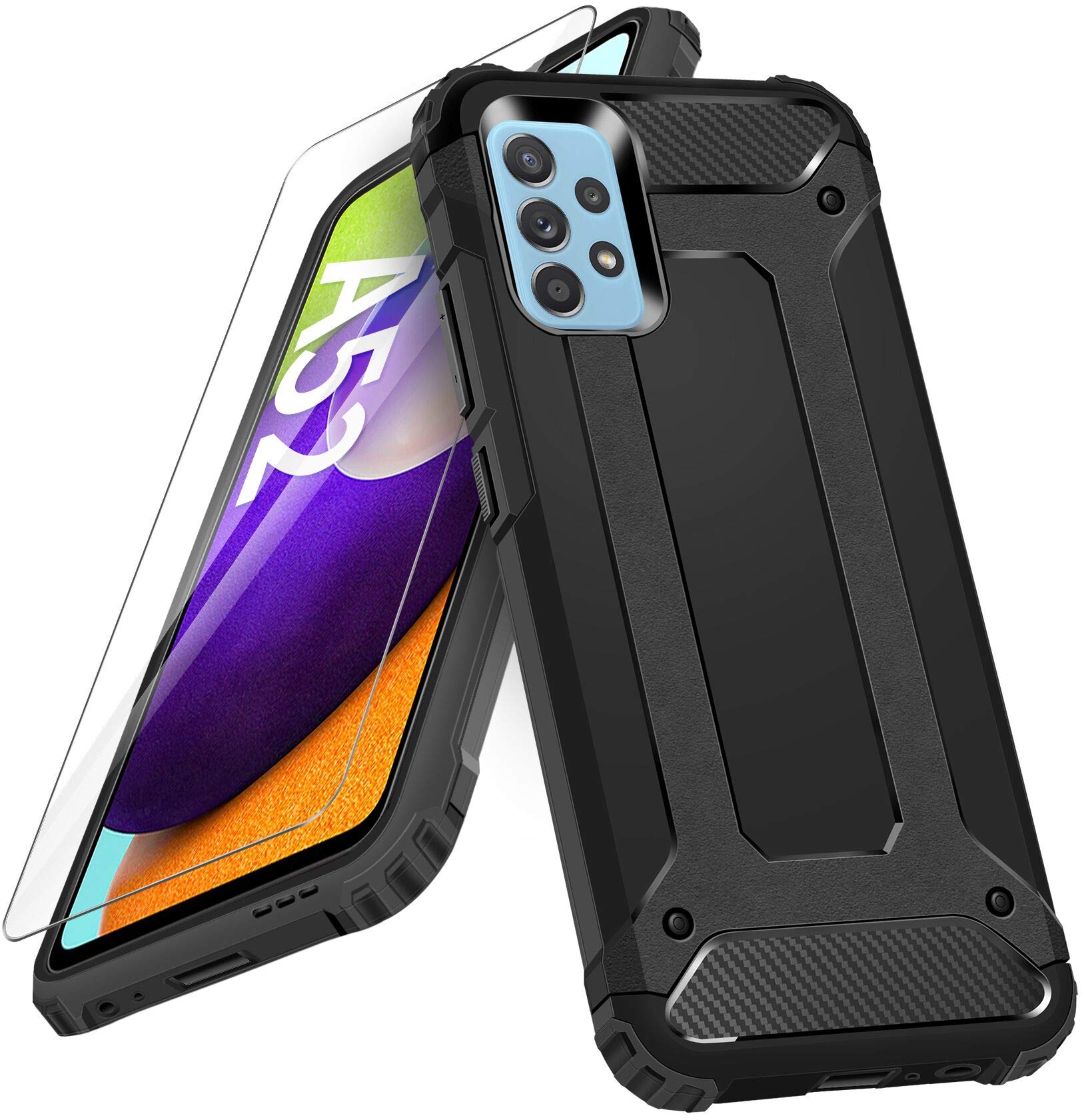 AROYI Compatible with Samsung Galaxy A52 Case and Tempered film, Hard Armour Cover Heavy Duty Back Shockproof Impact Resistant Protective Outdoor Case for Samsung Galaxy A52 5G / 4G- Black