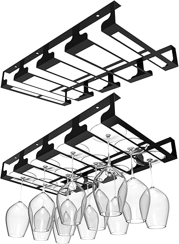 Jbikao Estante para copas de vino Soporte para copas de vino para debajo del gabinete, organizador colgante de metal para bar, cocina, color negro,