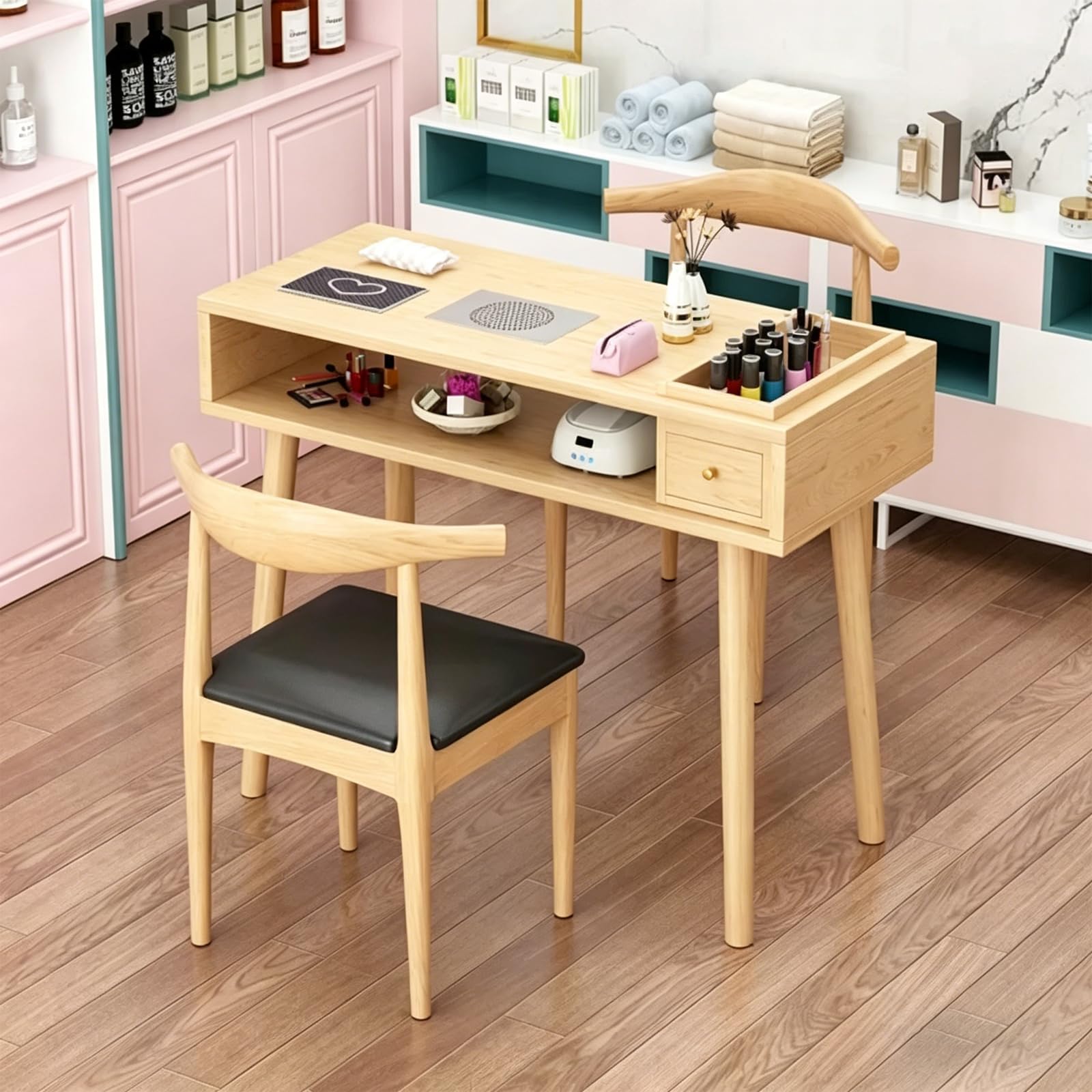 Mesa de Arte de Uñas de Madera Maciza, Banco de Trabajo de Uñas de Doble Capa, Tocador con Cajón de Almacenamiento y Aspiradora, Adecuado para Salones de Manicura, Salones de Belleza 120cm/47.2in