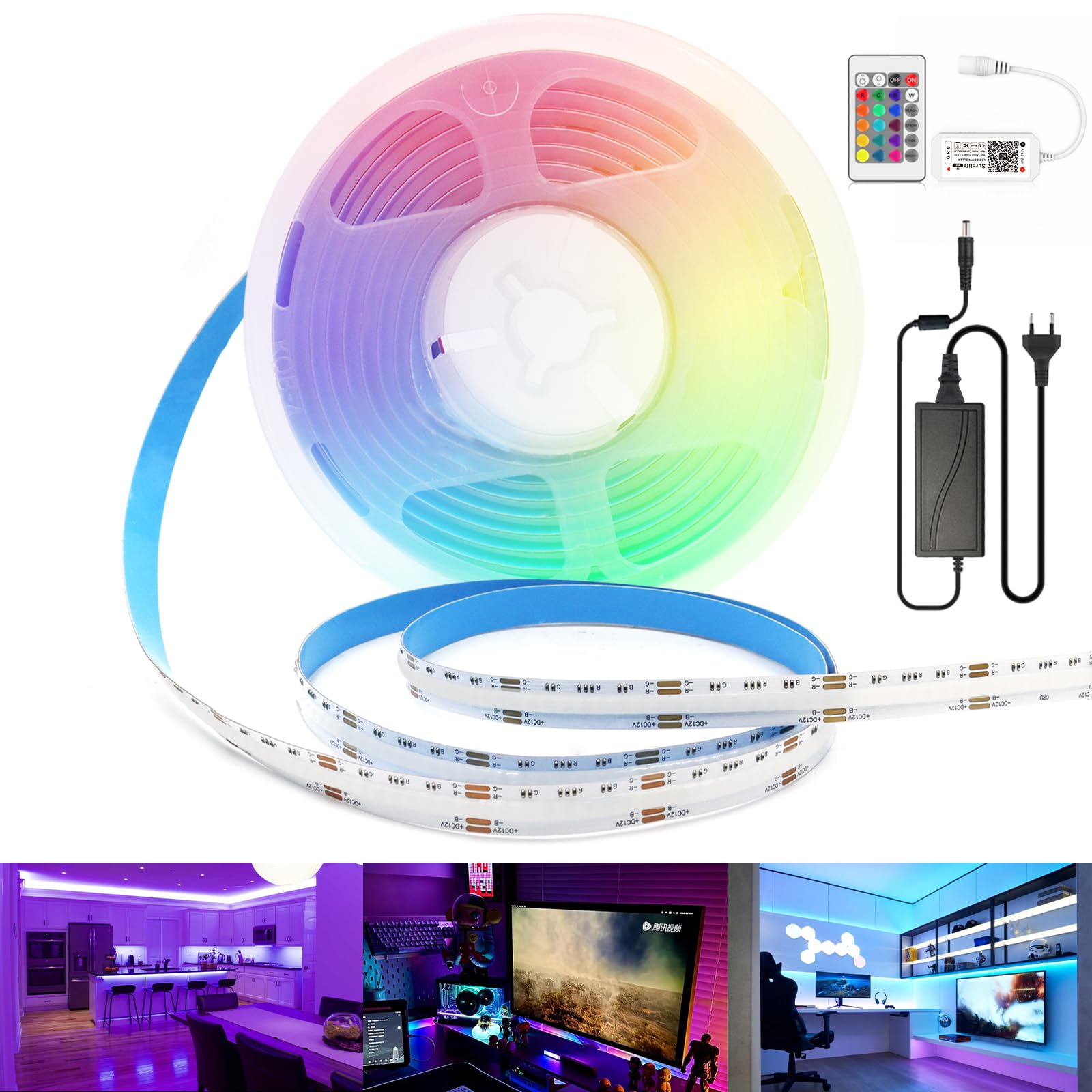 Arotelicht Alexa COB LED Strip WiFi RGB 2M Kit, 12V COB LED Strip Dimmable, High Density 576LEDs/M, App Control, Music Sync, DIY Color Changing