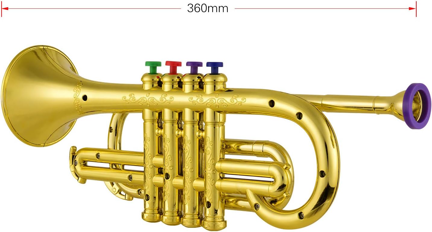 Plastic Trumpet, ABS Body with Metallic Gold Finish, 4 Color Coded Valve Buttons, Lightweight Portable Wind Instrument for Beginner Technique Drills, Pep Band and Party Use StageProp, 1 Pack
