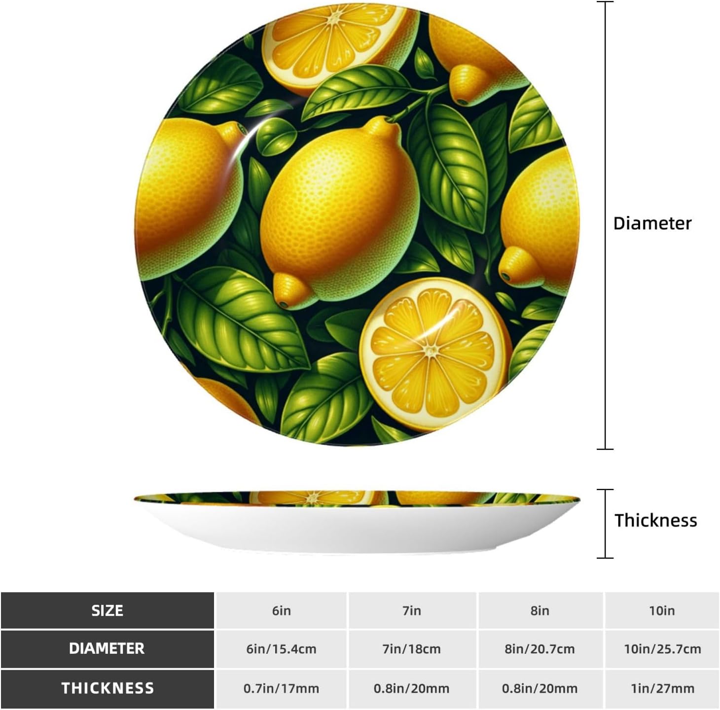 Lemons-Green-Leaves 10 Inch Decorative Plate With Stand, Elegant Display Wall Plate For Home Decor