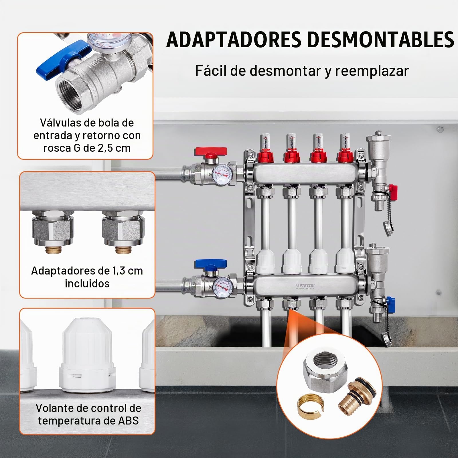 VEVOR Colector de Calor Radiante de 4 Derivaciones, Colector de Tubería PEX de Acero Inoxidable SUS304 para Calefacción por Suelo Radiante Hidrónico, con Adaptadores, 390 x 370 x 110 mm, 0-5 L/min