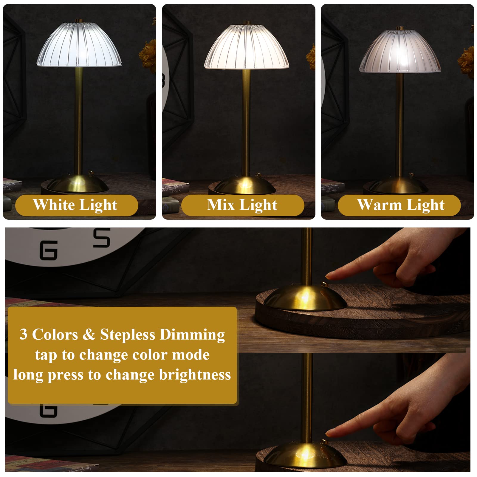 Liliful 2 szt. LED przenośna bezprzewodowa złota lampa stołowa dotykowa akumulator lampa biurkowa złota lampa na baterie 3 kolory ściemniana złota lampa do jadalni lampa biurkowa do sypialni salonu