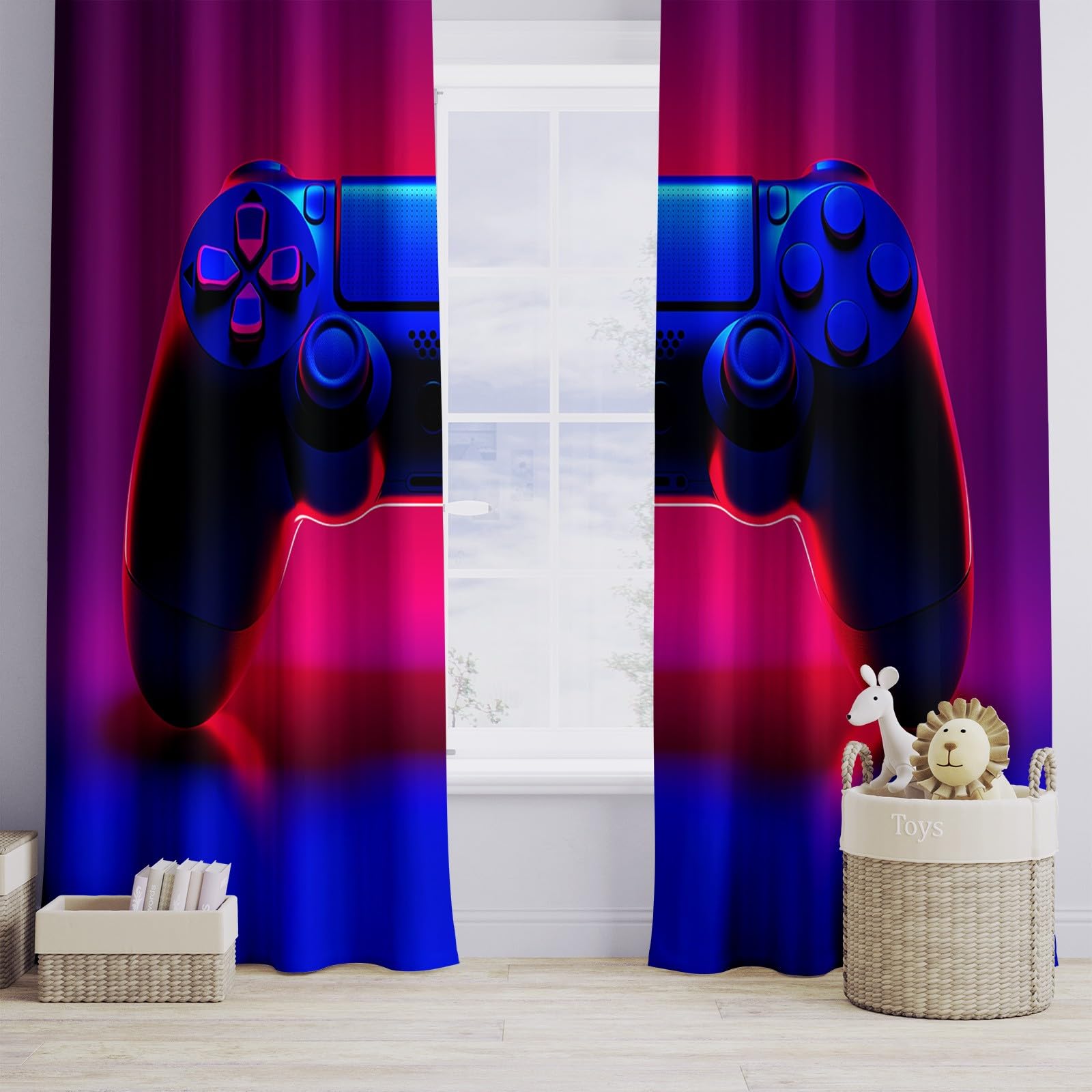 Gaming/E Sport - Juego de 2 cortinas térmicas, con efecto luminoso, neón, mando de neón, 140 x 260 cm, juego de 2 cortinas, salón, interior, hogar, opaco, aislante térmico, antifrío, rosa