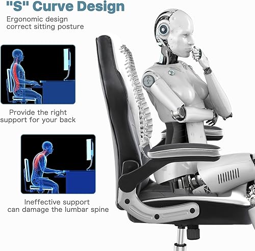 Miniatura 4 de MCQ Silla ergonómica de piel sintética con reposabrazos acolchados abatibles y soporte lumbar, altura ajustable, giratorio, función mecedora, para