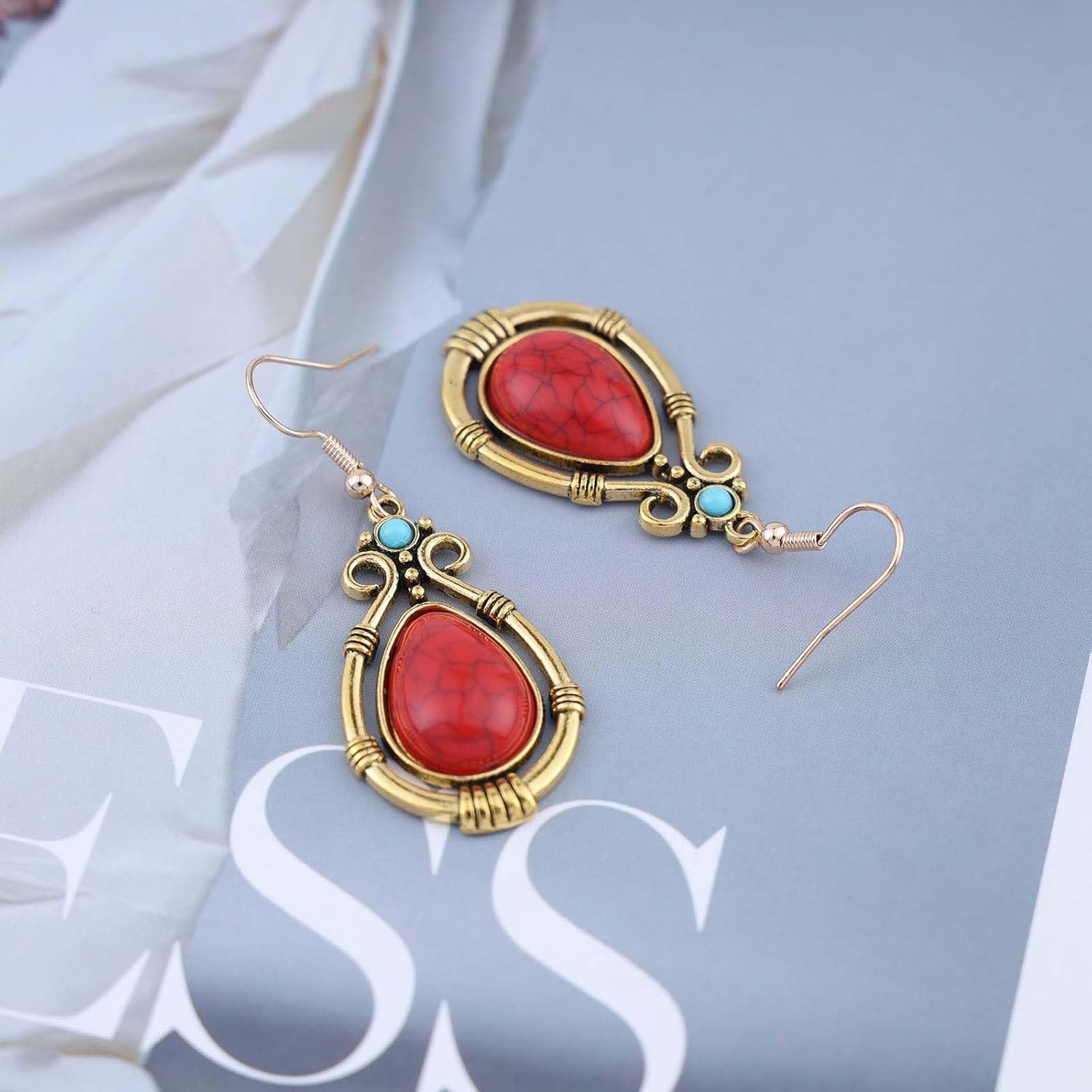 Bohemian Teardrop Coral Dangle Earrings Gold Turquoise Stone Drop Earrings Red Turquoise Hook Earrings Ethnic Natural Gemstone Earrings Jewelry for Women Gifts - Image 6
