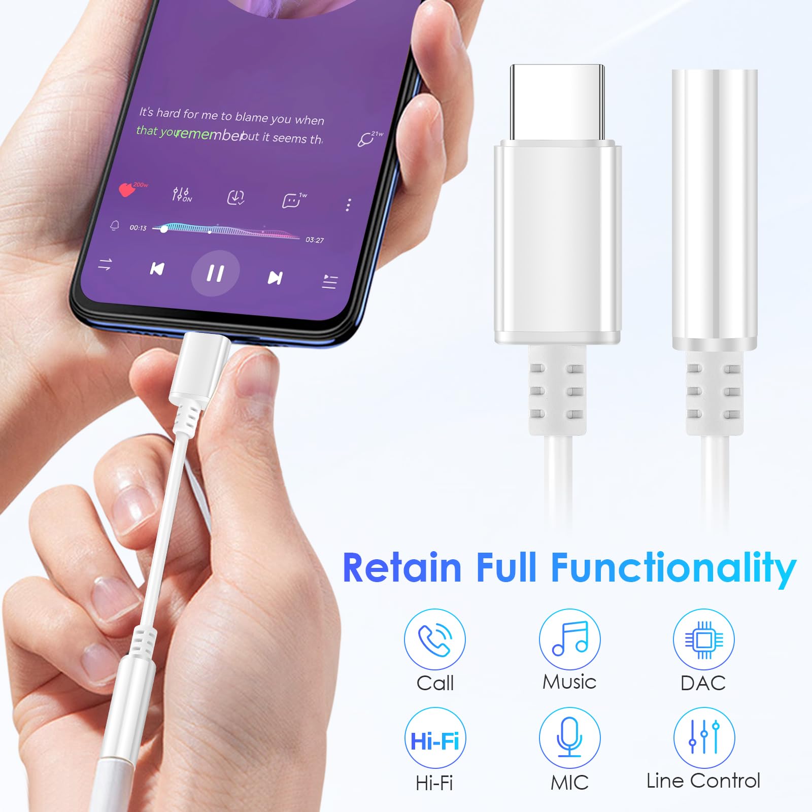 USB-C to 3.5mm Headphone Jack Adapter - Hi-Fi Sound Music Control Type C to AUX Audio Dongle Cable 2 Pack for iPhone 15/15 Pro/Pro Max, Samsung Galaxy S24/S23/S22 Ultra, iPad Pro, MacBook (White)