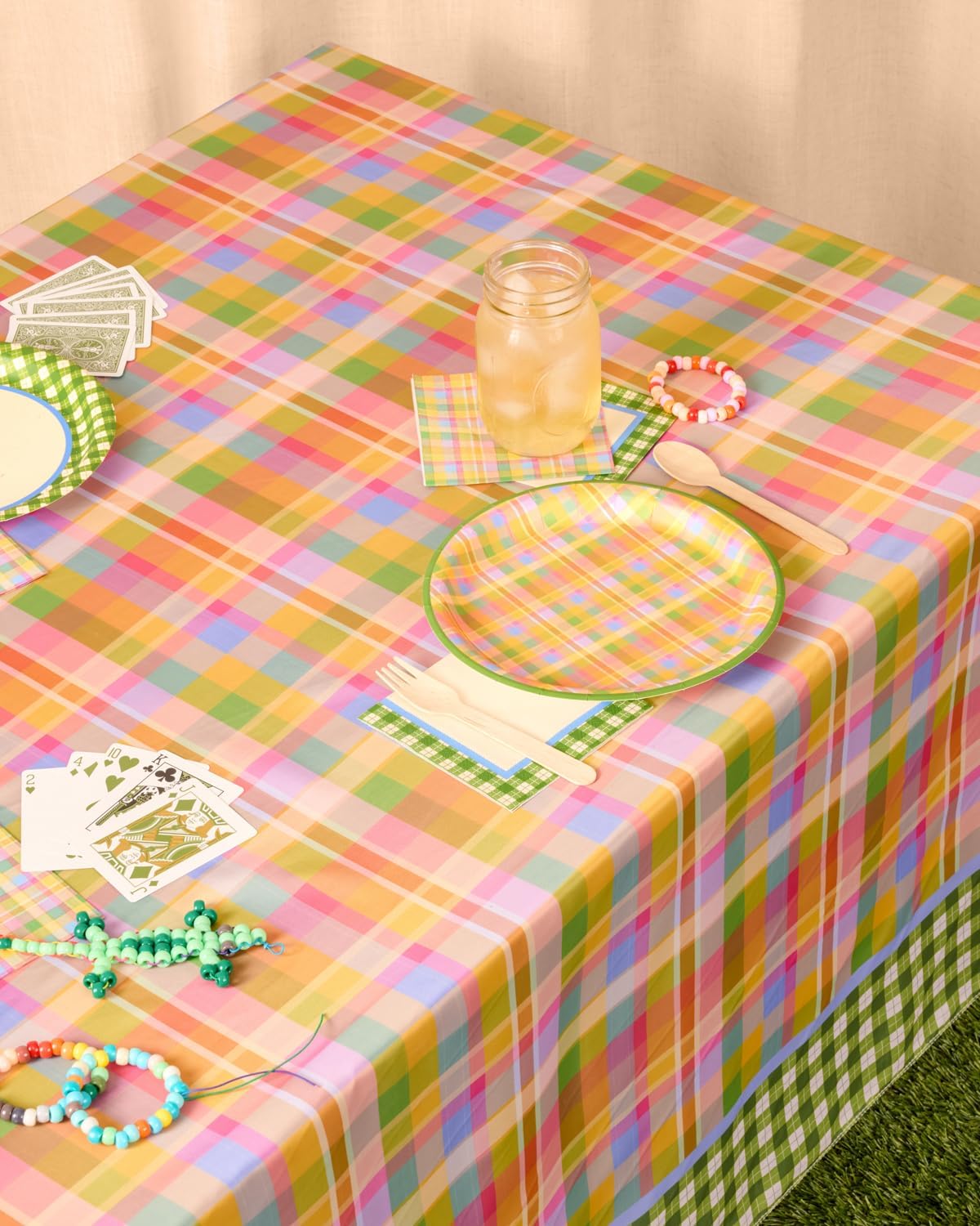 xo, Fetti Summer Camp Tablecloth - 54 x 108 Inches | Rainbow Plaid, Gingham, Kids Birthday Party, Checkered Decor, Pastel, Girly