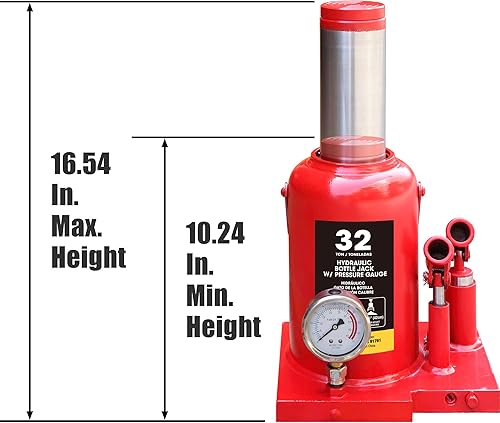 Miniatura 2 de Torin Gato hidráulico de doble pistón para botella de coche con medidor de presión y liberación lenta, 32 toneladas (64,000 libras), rojo,